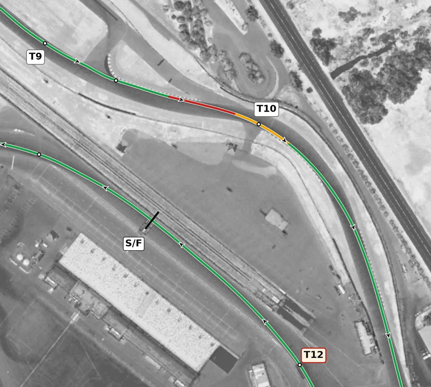 Sonoma Raceway T10 race line close-up: Camber near zero (+0.3%, dipping to −1.1%) at the bottom of the hill.