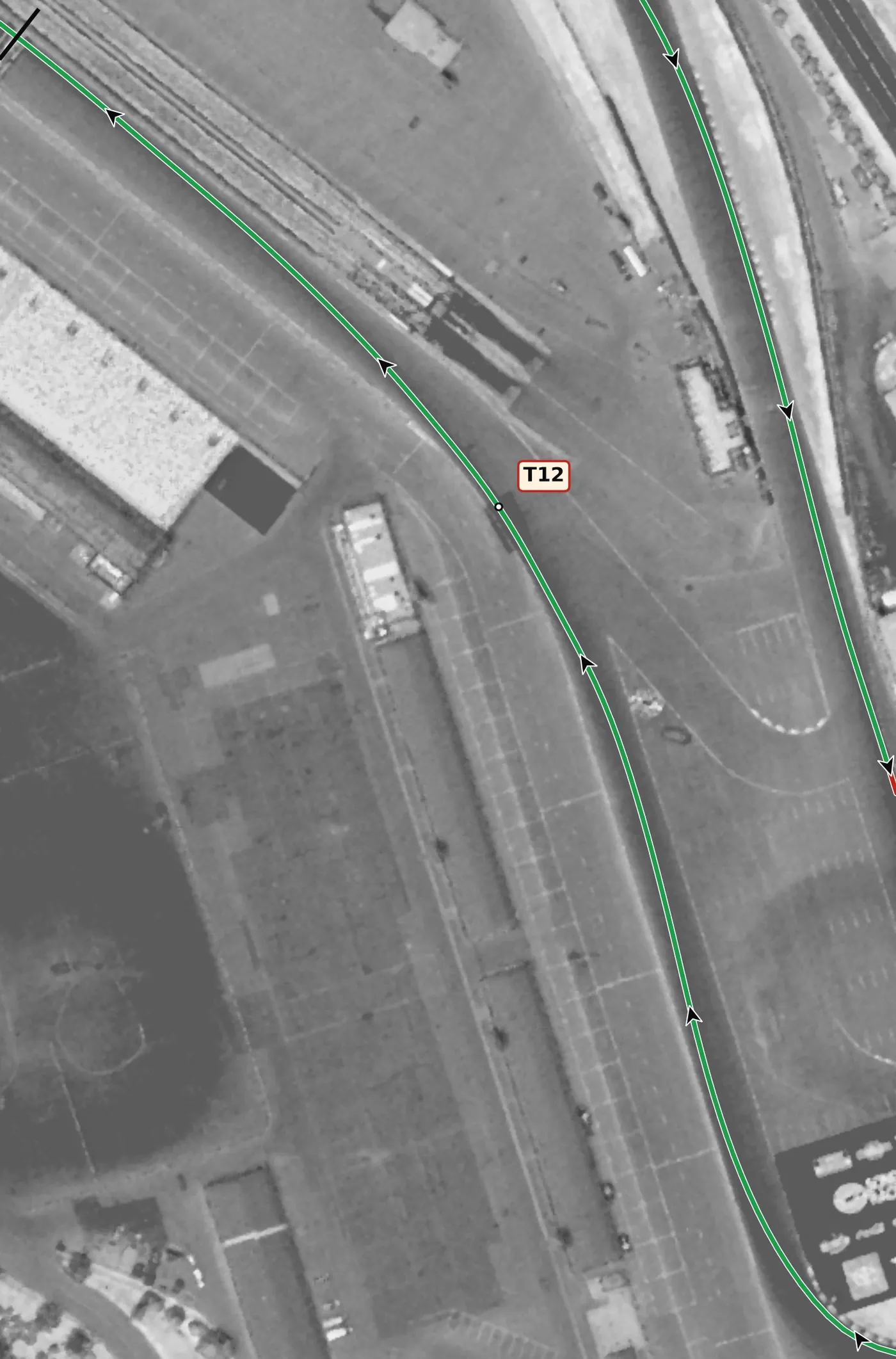 Sonoma Raceway T12 race line close-up: Slightly off camber at the apex (−0.3%), starting to climb onto the straight.
