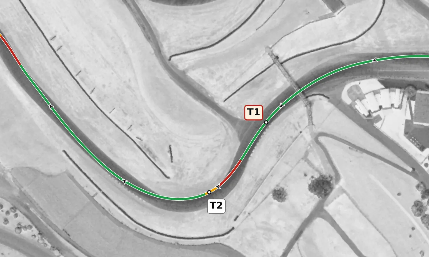 Sonoma Raceway T2 race line close-up: Over a crest: the car goes light. Mildly on camber (+1.9%).