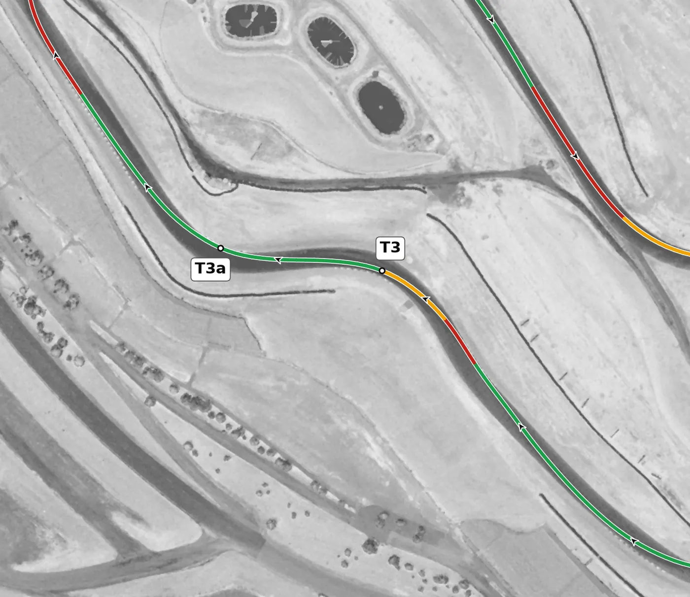 Sonoma Raceway T3–T3a race line close-up: T3 sits in a compression; T3a is the lap's high point (52.8 m), banked +4.8% on a crest.