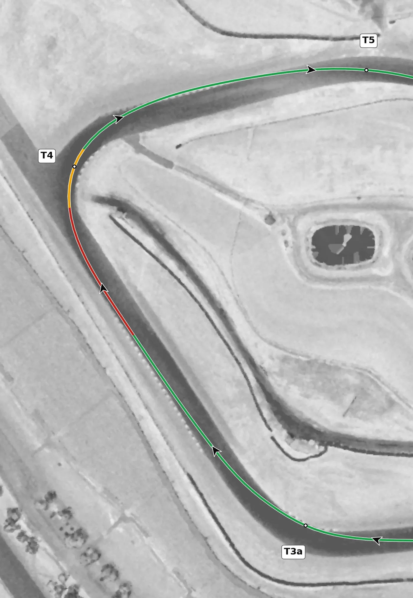 Sonoma Raceway T4 race line close-up: The plunge starts here: −12.6% on exit, and the steepest descent on the lap (−13.8%) follows.