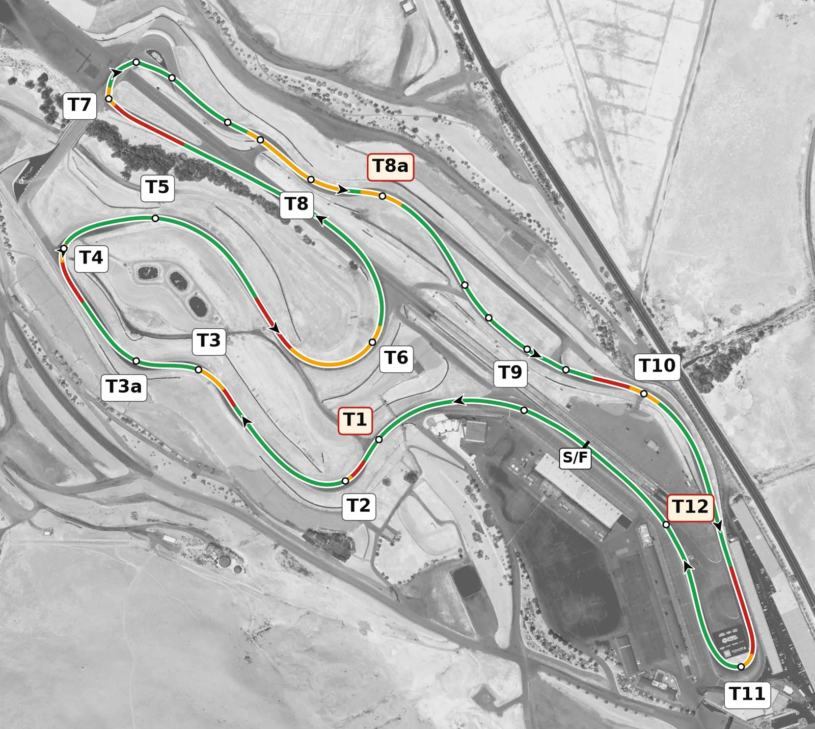 Sonoma Raceway full-lap race line map, driven clockwise, colored by throttle, lift and braking