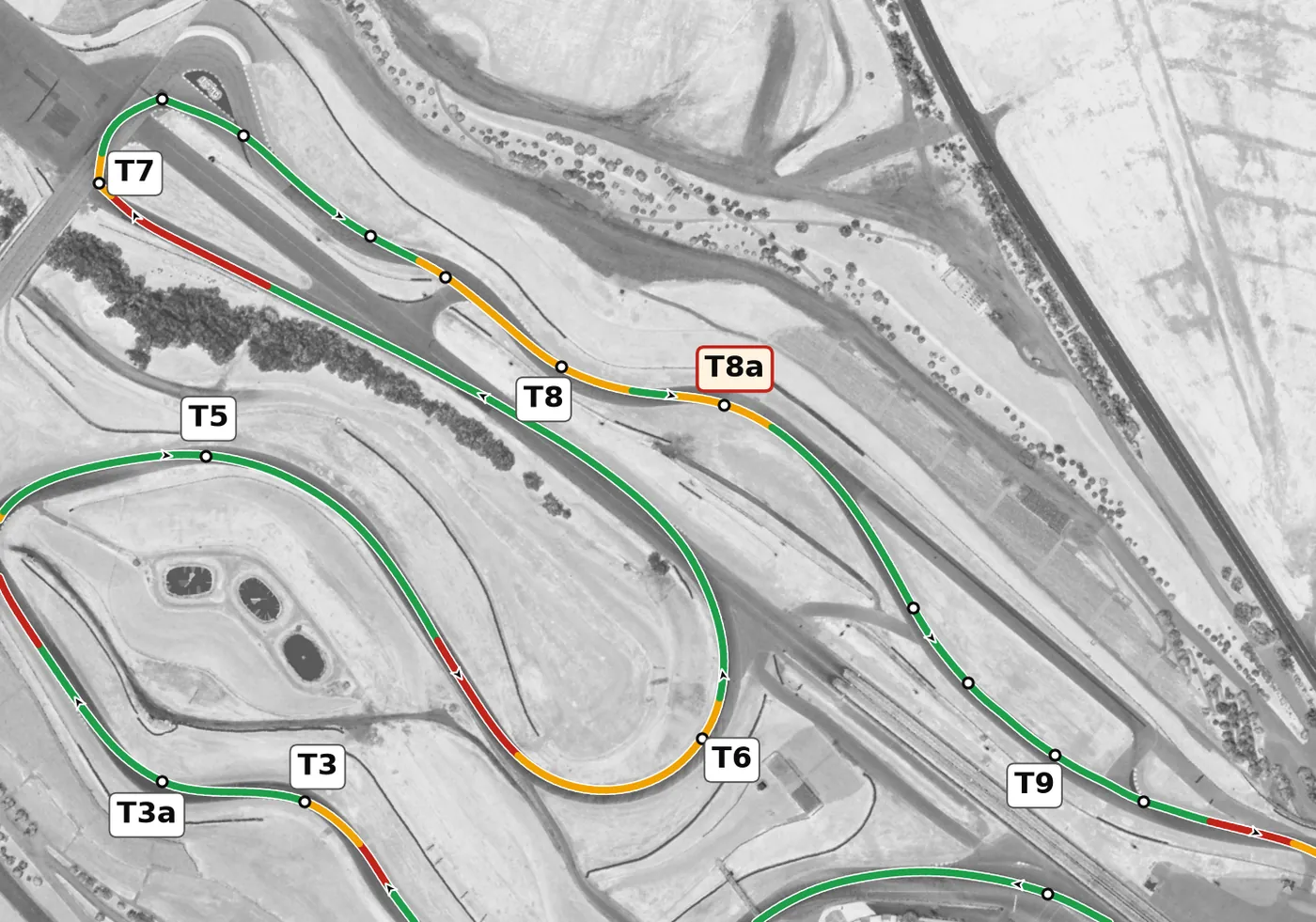 Sonoma Raceway race line, Sector 3: T7 to T9