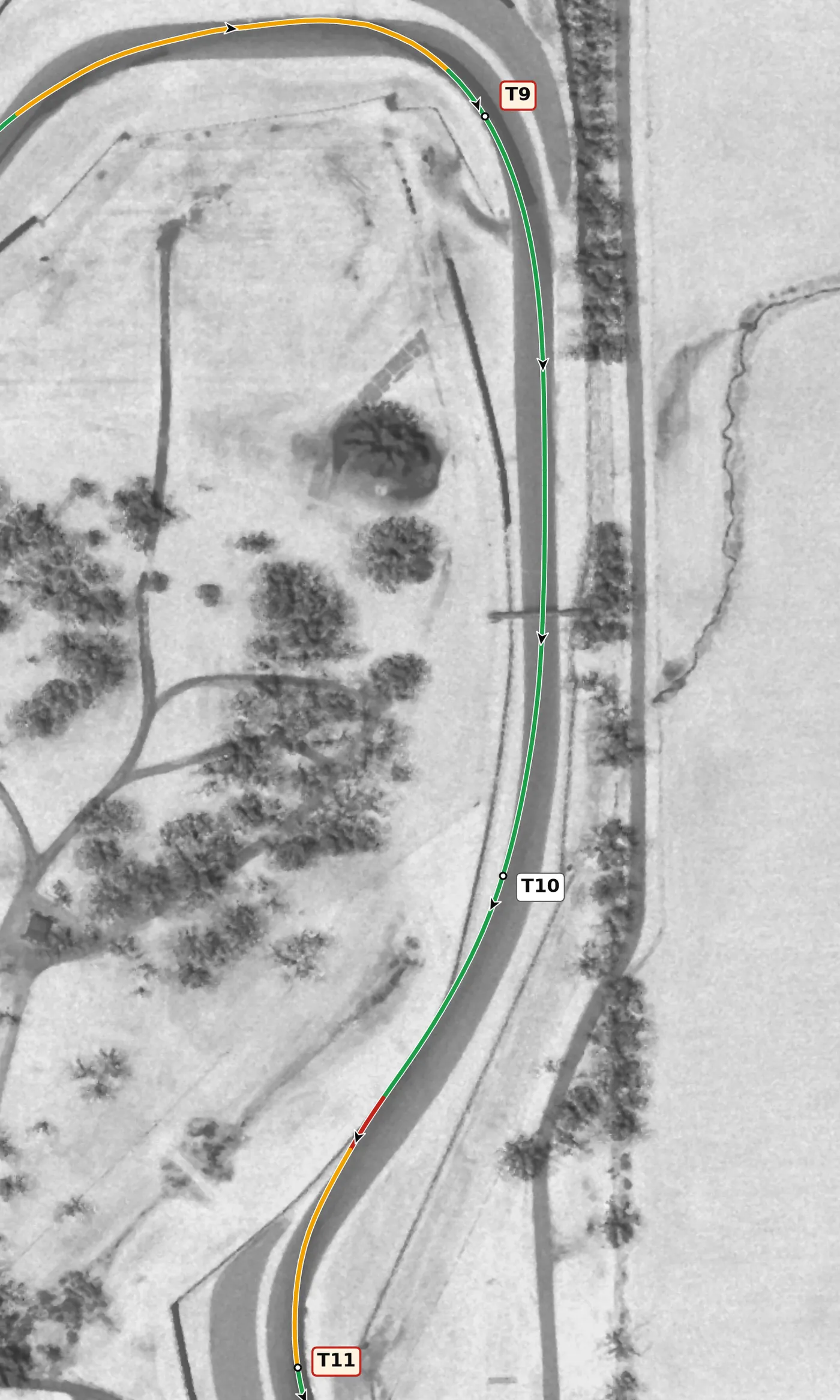 Mid-Ohio T10 race line close-up: The most banked point on the circuit (+11.4%) and the fastest corner on the lap.