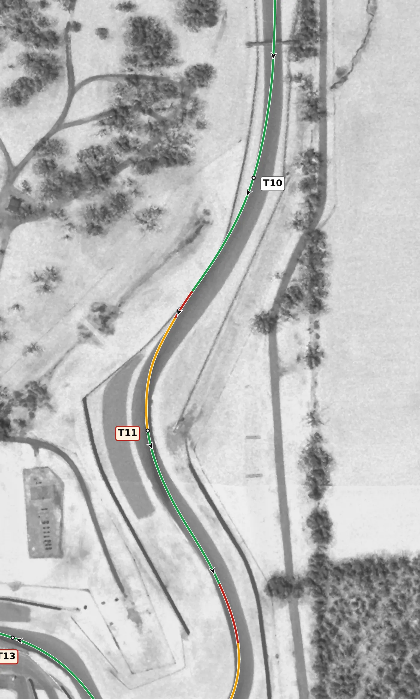 Mid-Ohio T11 race line close-up: Uphill and gently off camber (−0.9% at the apex).