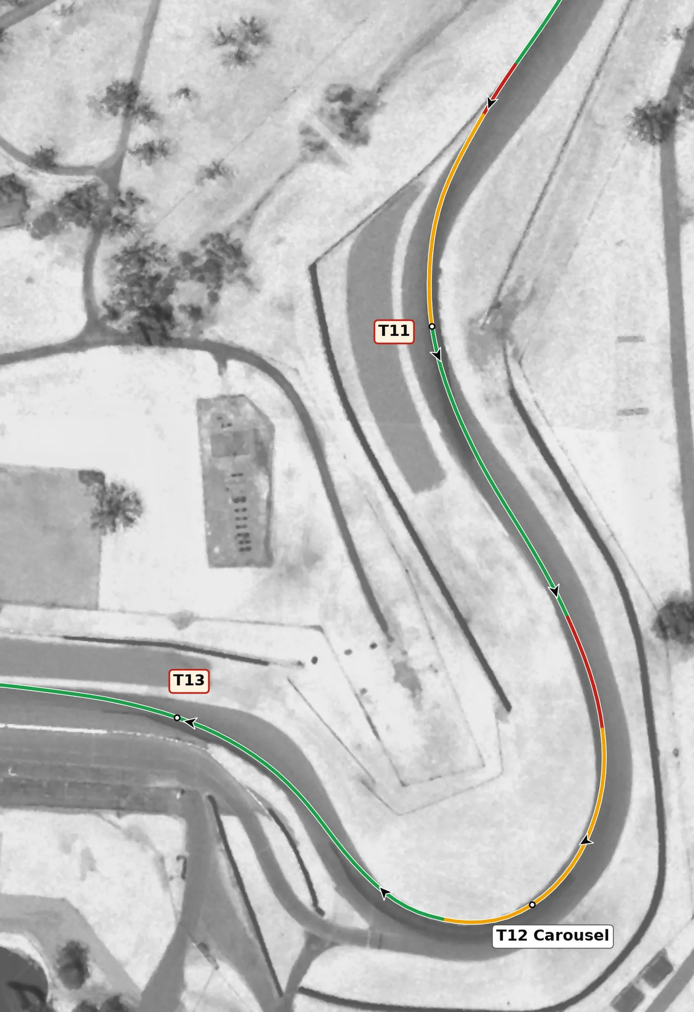 Mid-Ohio T12 — the Carousel race line close-up: Long and tight with only +2.1% of banking at the apex, cresting near the exit.