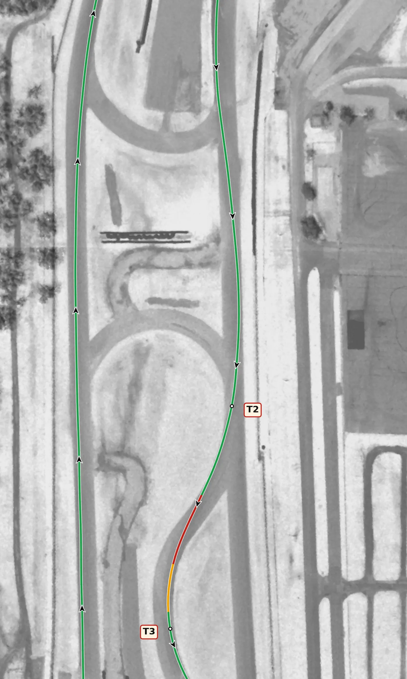Mid-Ohio T2 race line close-up: Uphill and off camber (−0.9% at the apex).