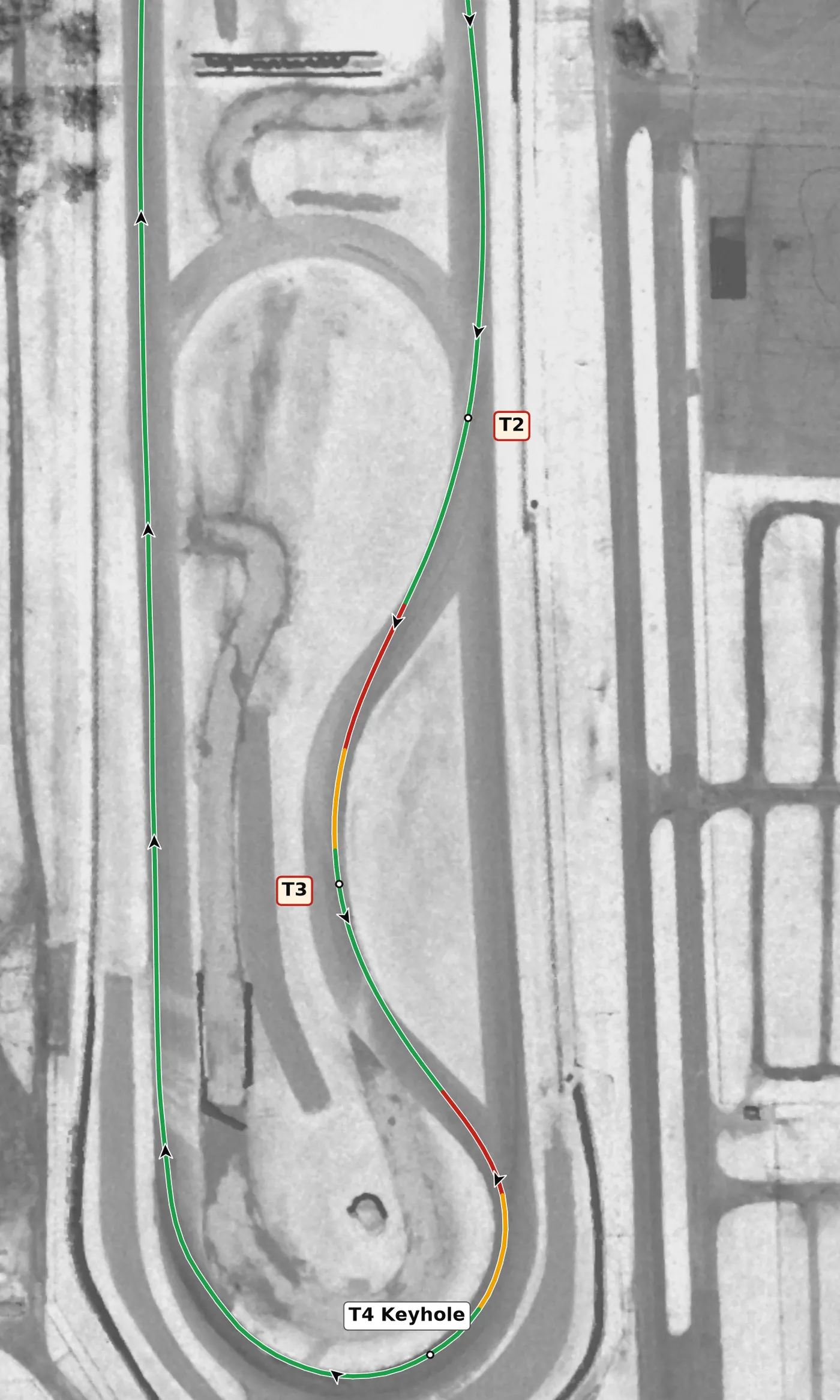 Mid-Ohio T3 race line close-up: Uphill and off camber (−0.5% at the apex).