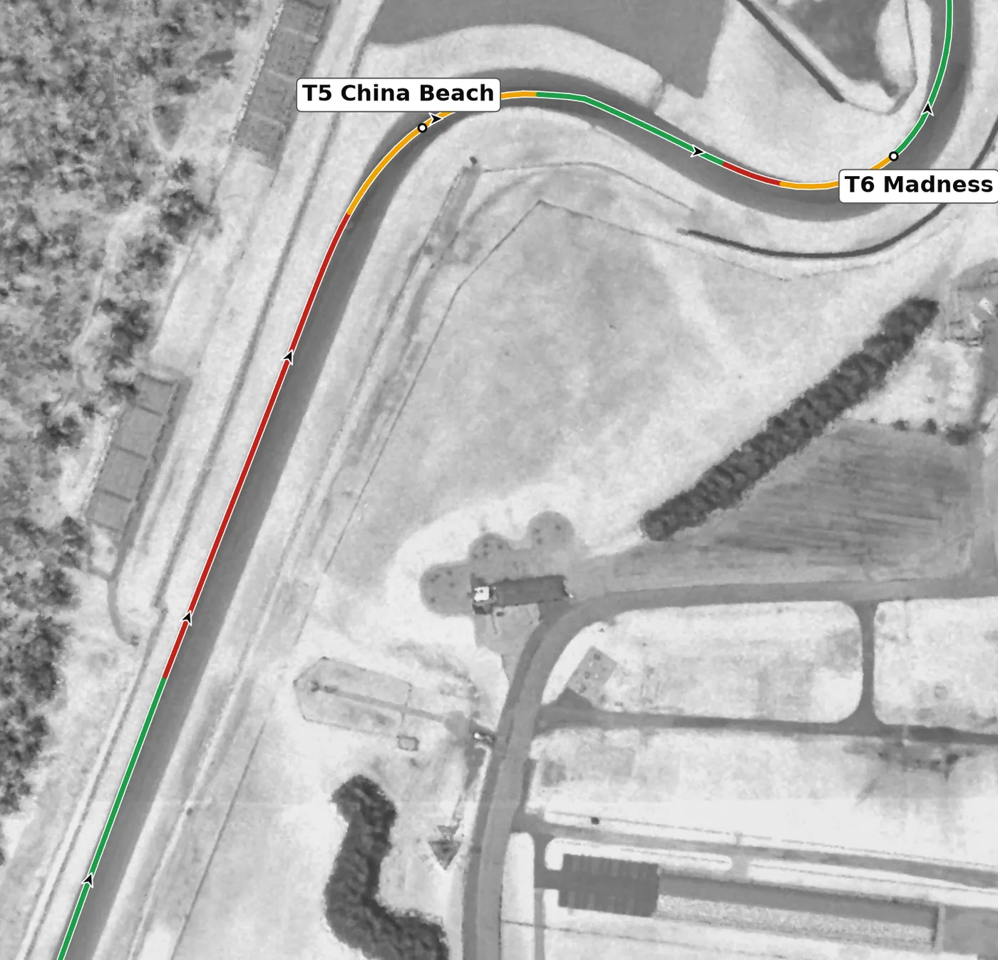 Mid-Ohio T5 — China Beach race line close-up: The official T4. Banked +6.4% and downhill when surveyed; reprofiled in late 2024 with less banking.