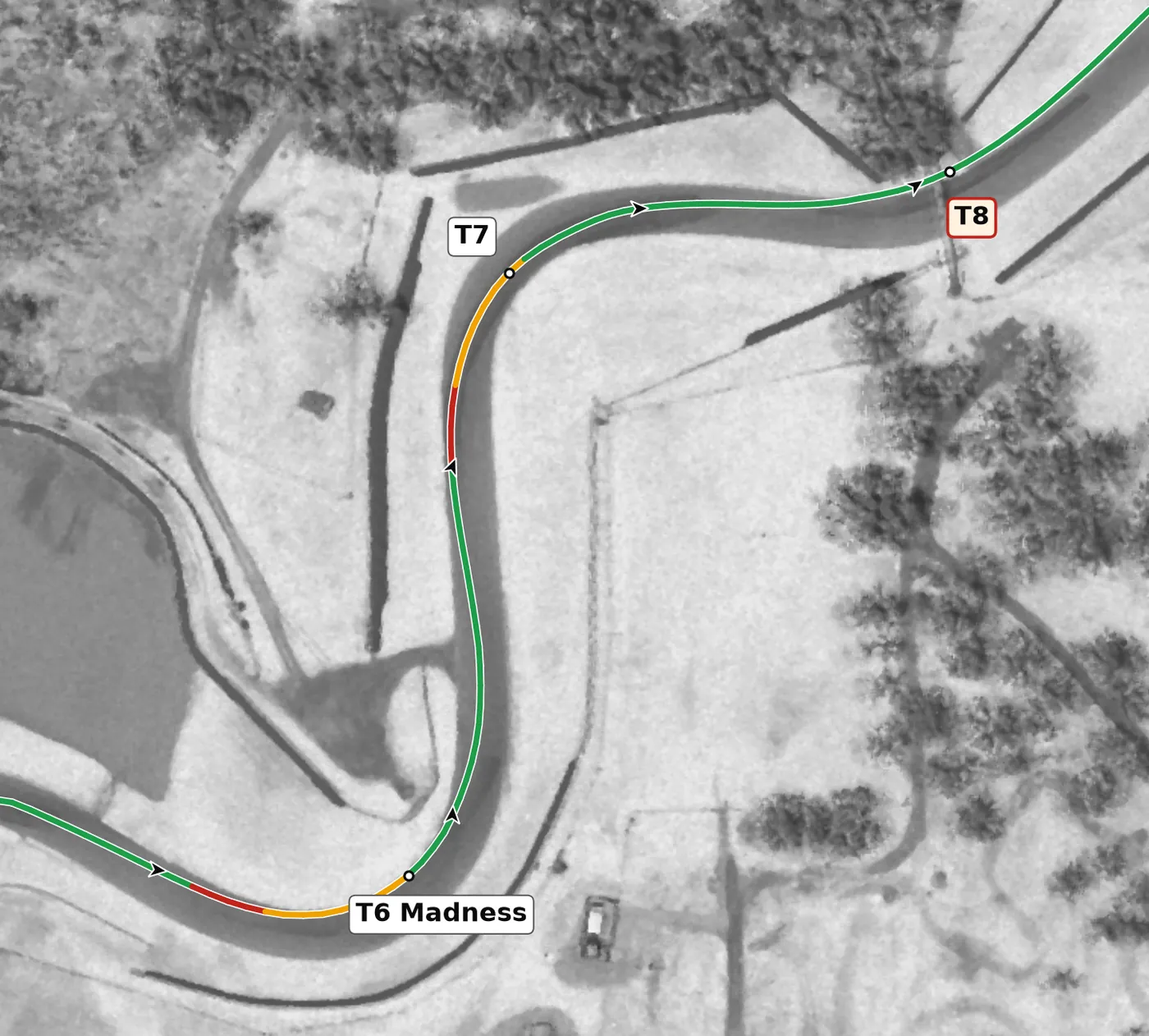 Mid-Ohio T7 race line close-up: Arrives at −7.9% and flattens into a compression.
