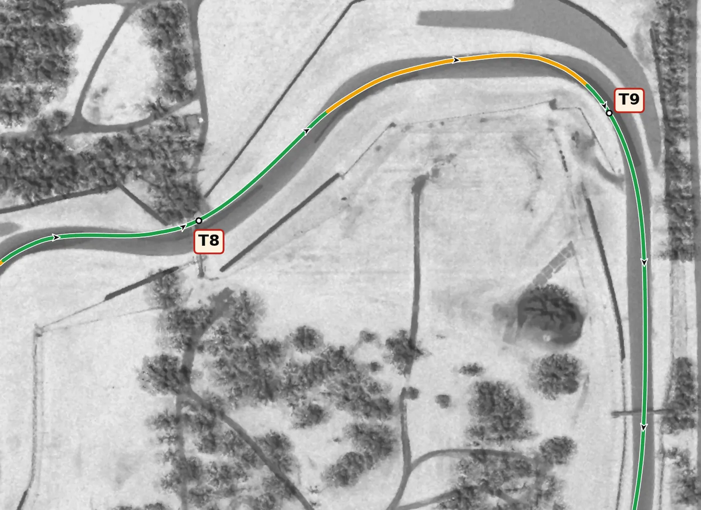 Mid-Ohio T9 race line close-up: Holds the lowest point on the lap, then the biggest unloading on it, over the crest. Off camber at the apex (−1.3%).