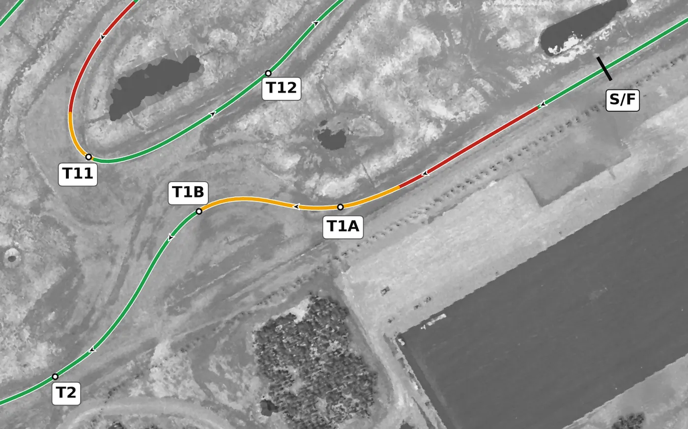 NCM Grand T1A–T1B race line close-up: The Mulsanne Chicane: dead flat.