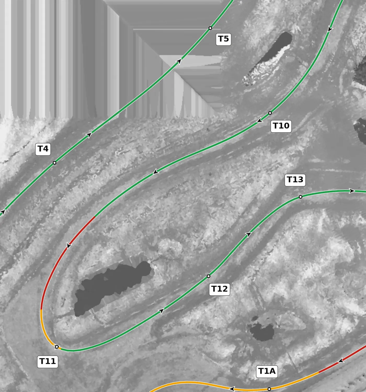 NCM Grand T11 race line close-up: The slowest corner on the lap, and the best cambered (+2.4% at the apex).