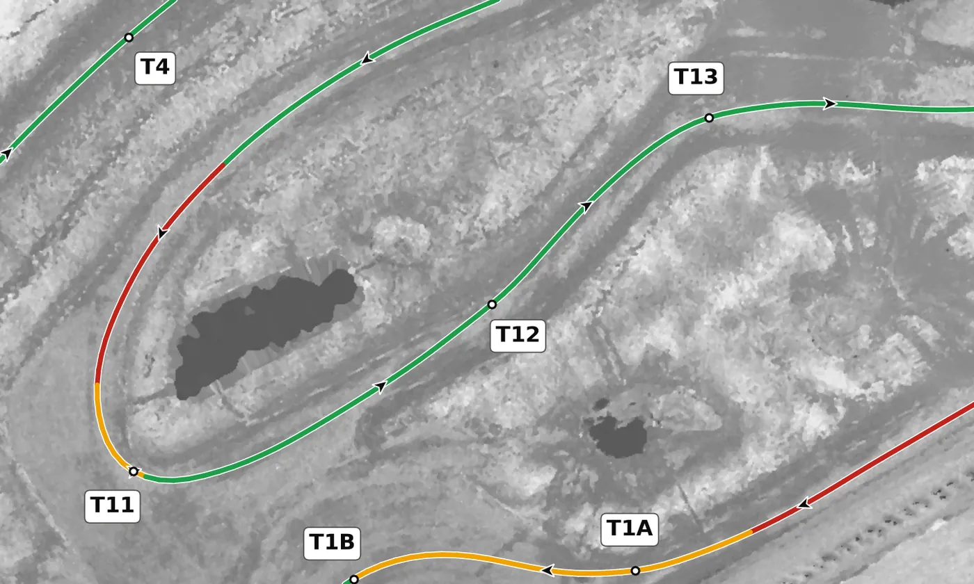 NCM Grand T12 race line close-up: Off camber on entry (down to −1.9%).