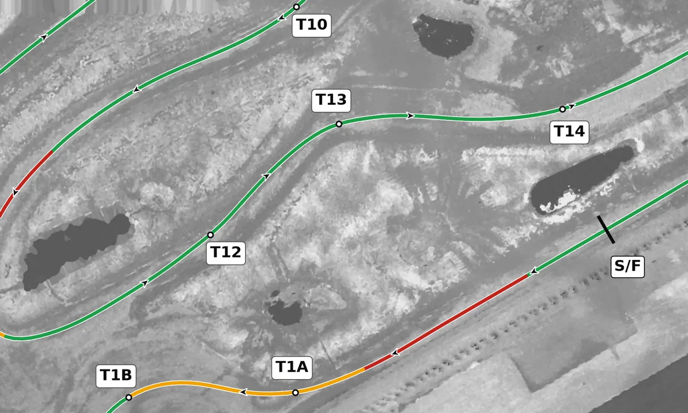 NCM Grand T13 race line close-up: Deception: a crest at the apex hides the exit.