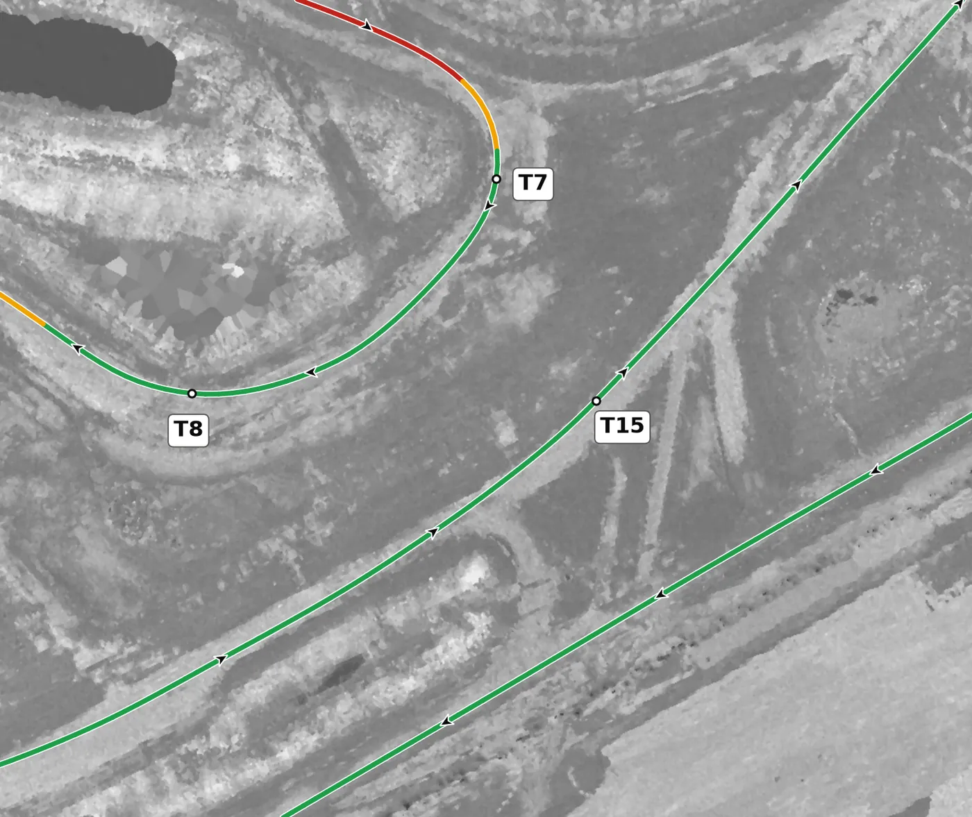 NCM Grand T15 race line close-up: Faux Rouge: a +4.6% climb, then the lap's strongest crest just after the corner.