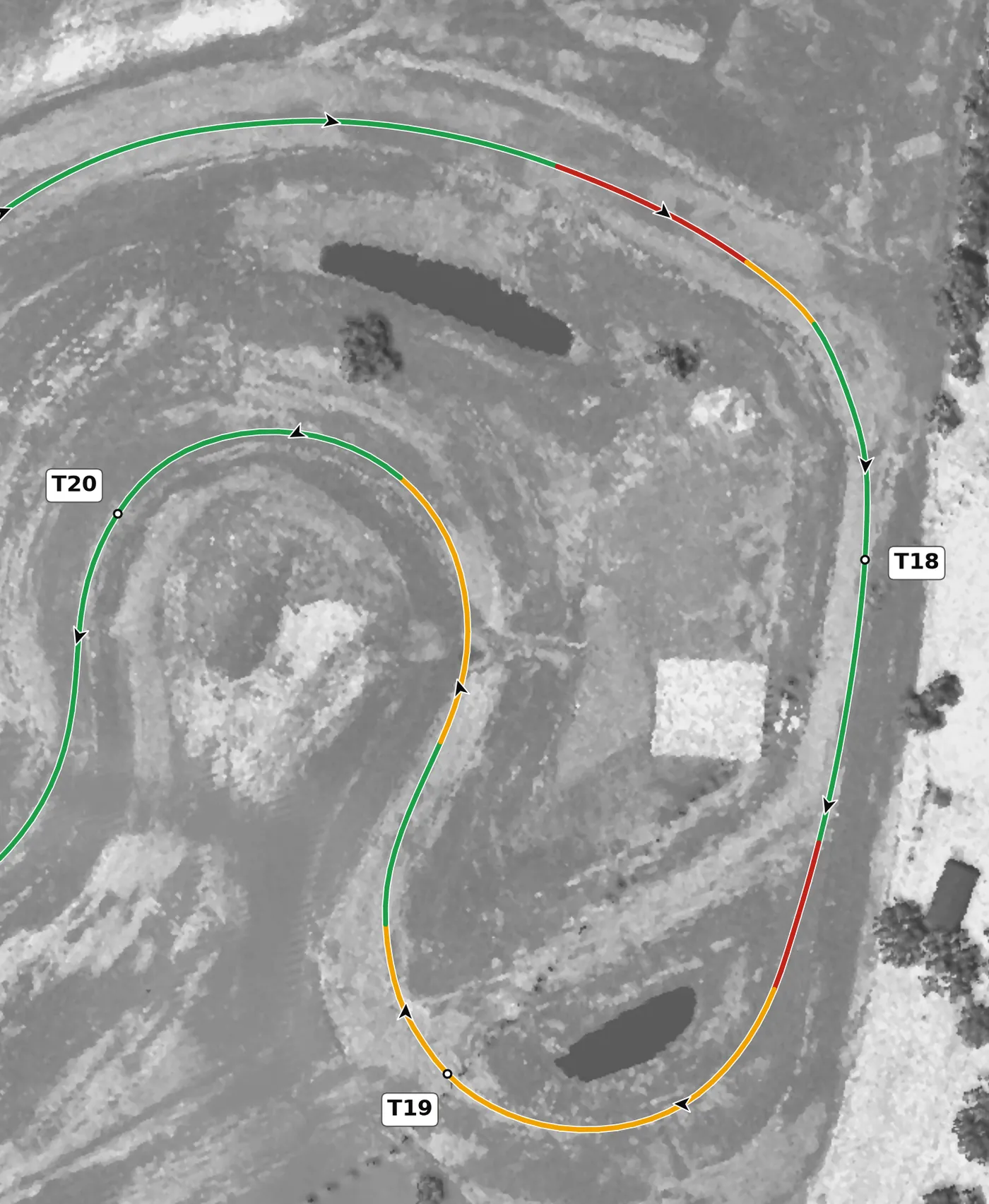 NCM Grand T18 race line close-up: The highest point on the lap, and the most consistently cambered corner.