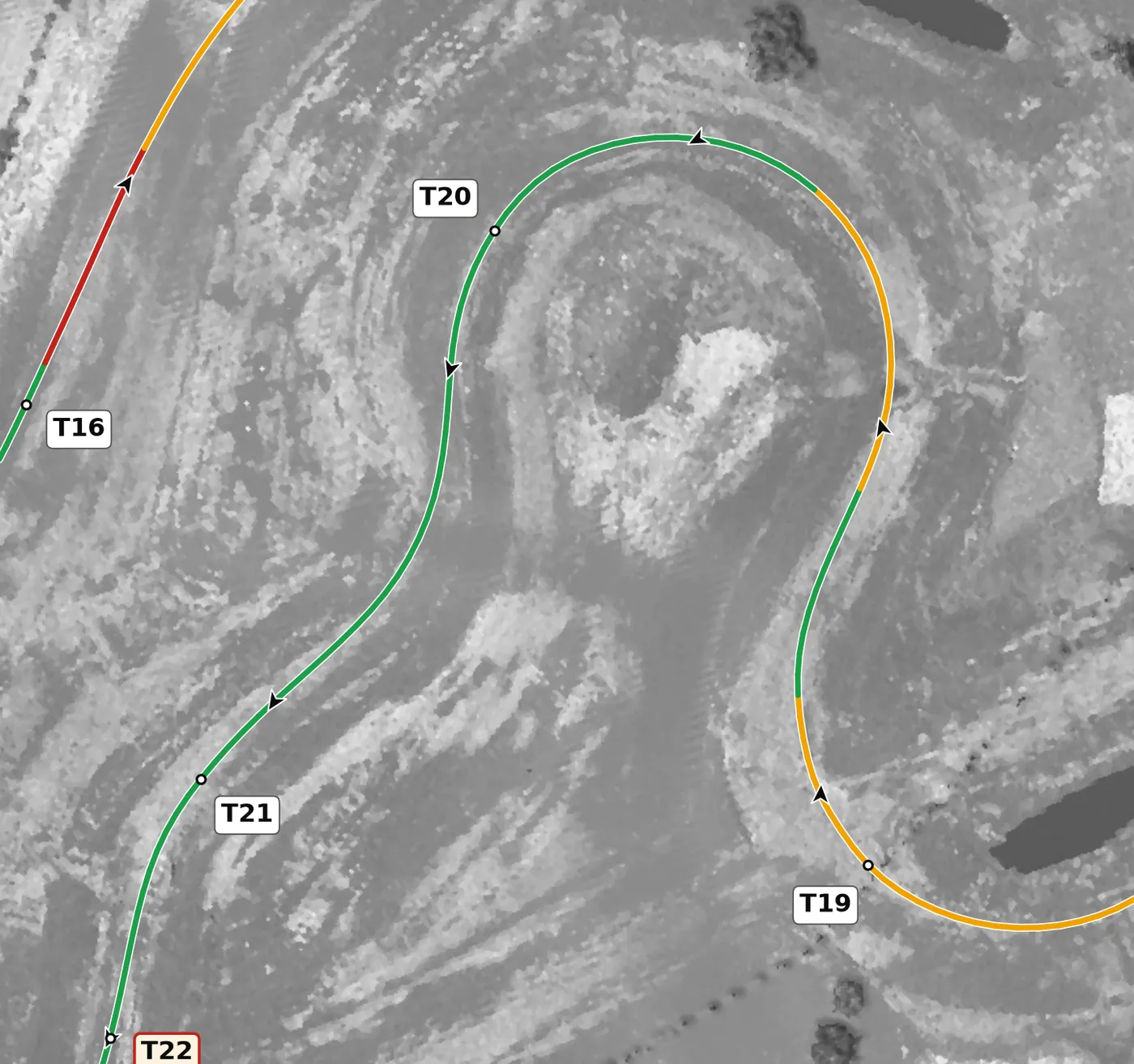 NCM Grand T20 race line close-up: The Sinkhole: out of the compression at the bottom and up a +9.7% climb.