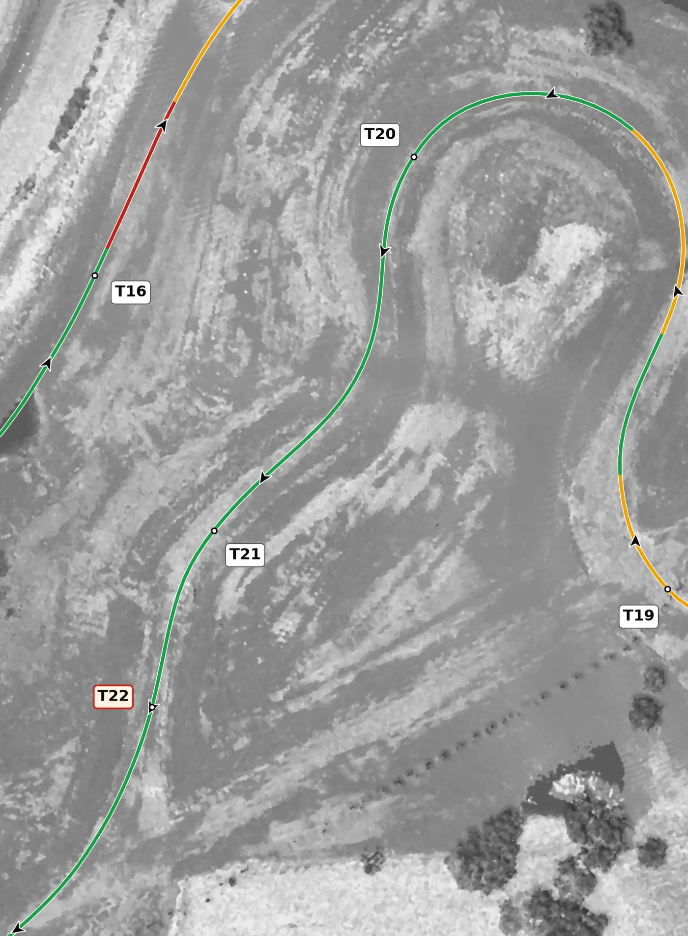 NCM Grand T21 race line close-up: Almost no cross-slope (+0.03% at the apex).