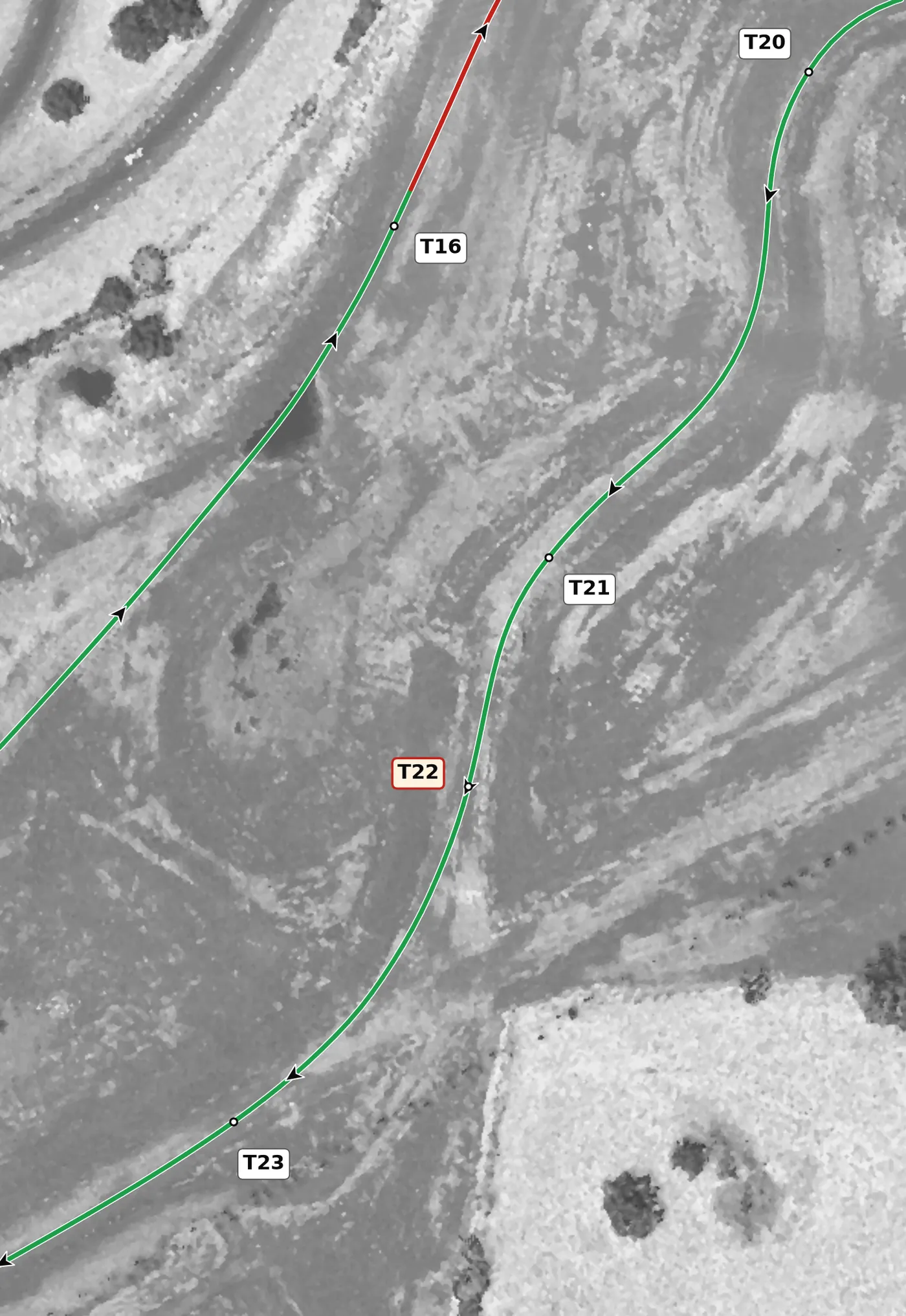 NCM Grand T22 race line close-up: The only off-camber stretch on the circuit, down to −2.3% on the exit.