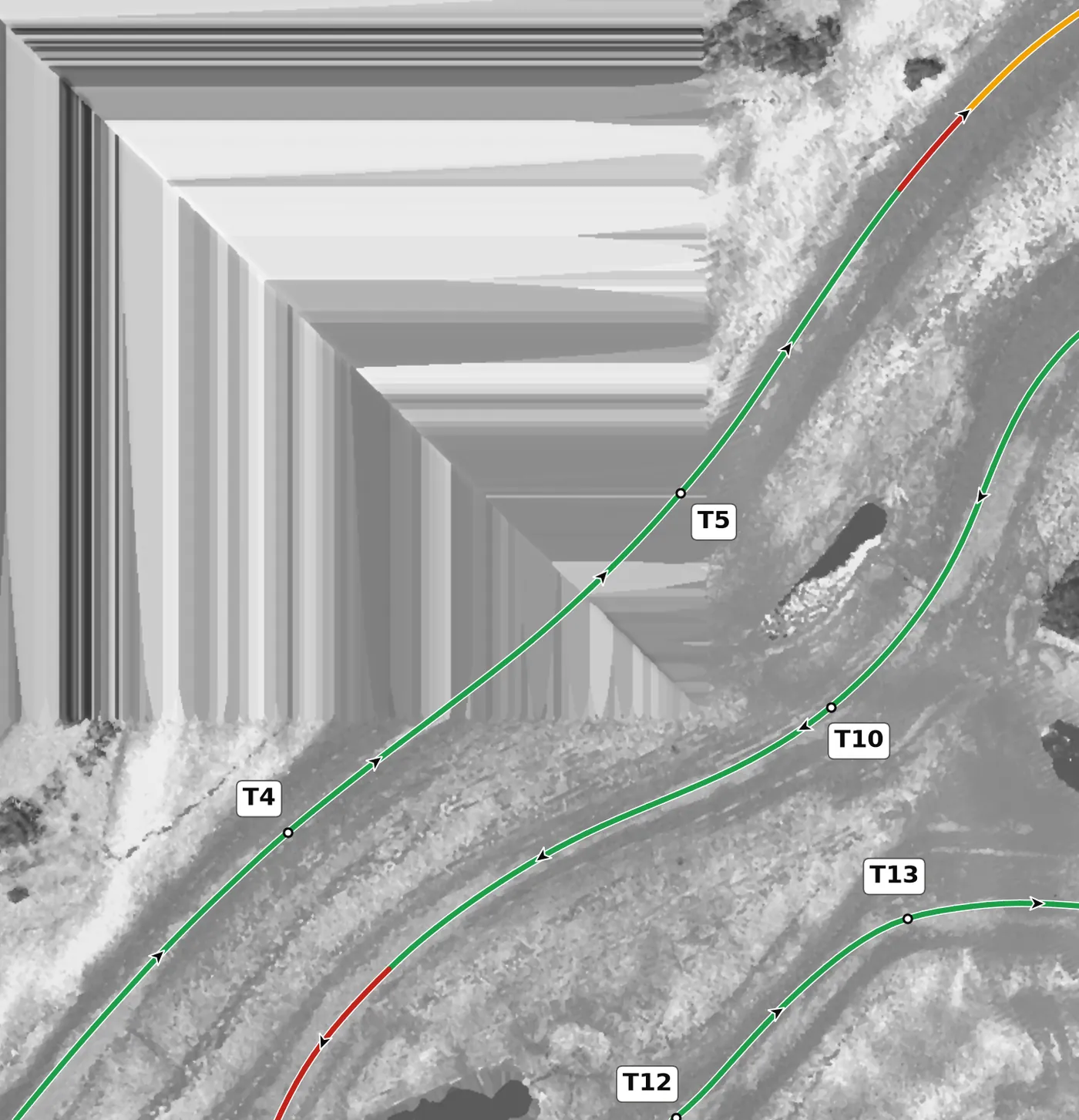 NCM Grand T5 race line close-up: The 2014 survey has no ground returns across this apex.