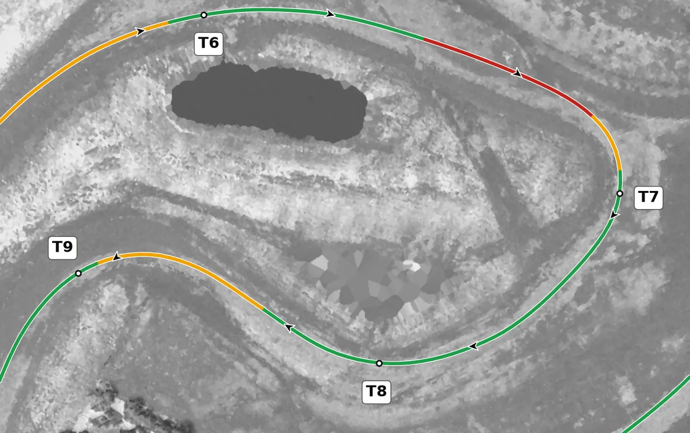 NCM Grand T8 race line close-up: The second-lowest point on the circuit.