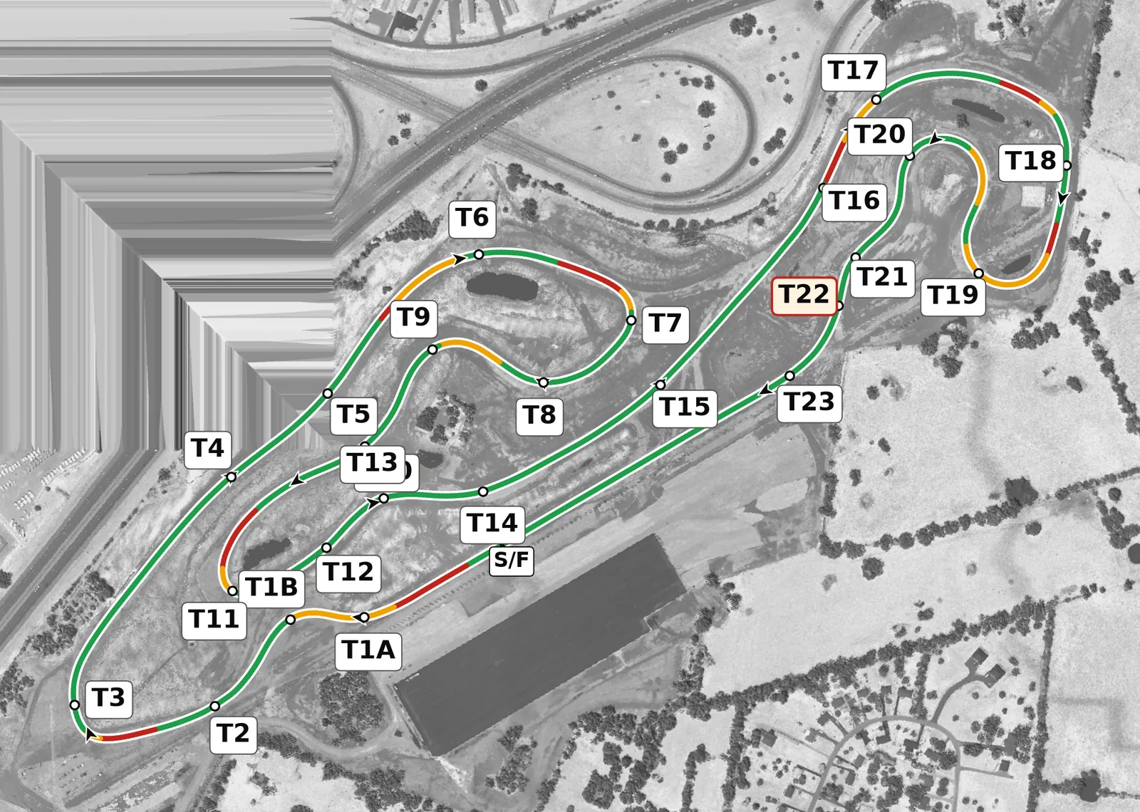 NCM Grand full-lap race line map, driven clockwise, colored by throttle, lift and braking