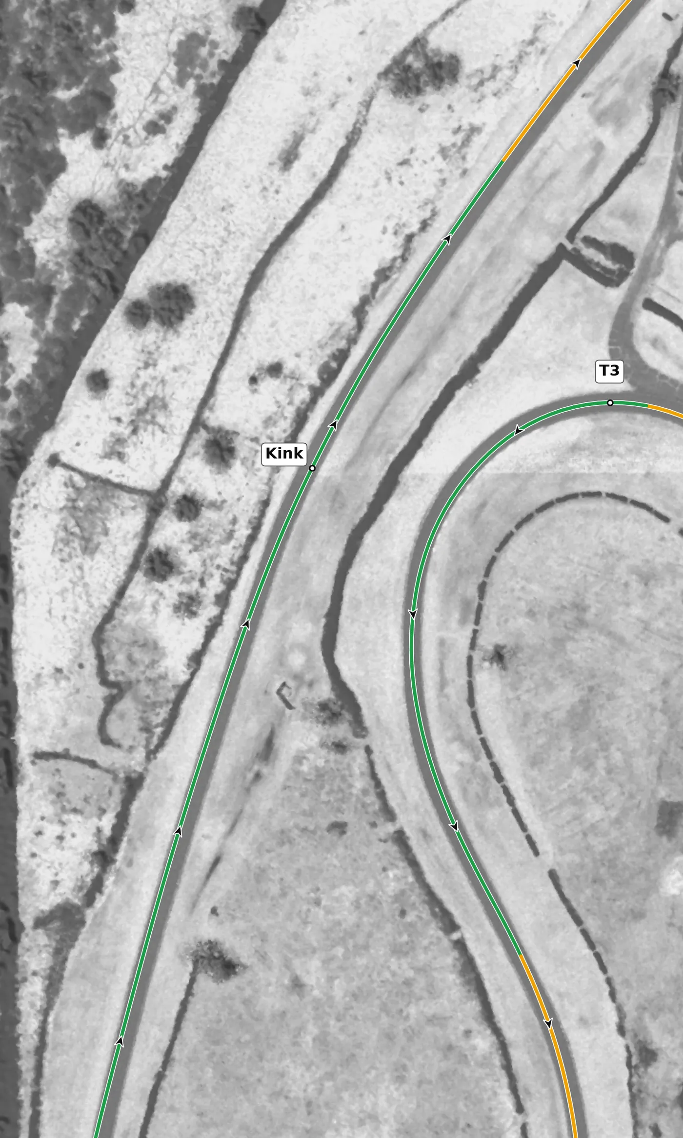Nelson Ledges The Kink race line close-up: Unnumbered on Chin's map, and the fastest point on the lap that isn't a straight.