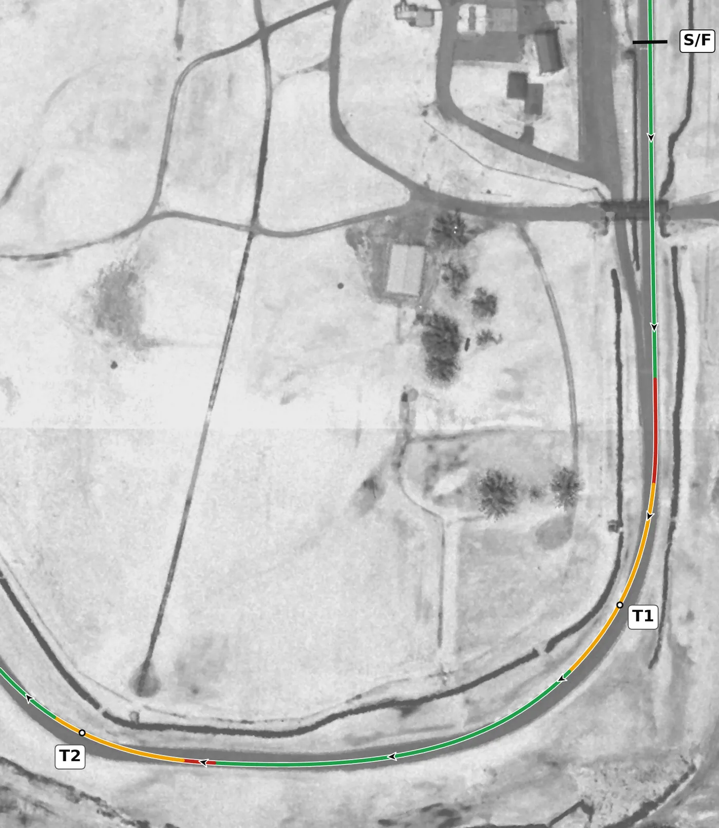 Nelson Ledges T1 race line close-up: On camber (+2.6%) into a gentle drop.
