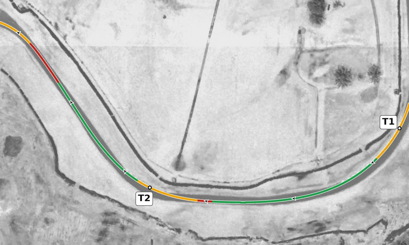 Nelson Ledges T2 race line close-up: Essentially level, and the least cambered corner (+1.6%).