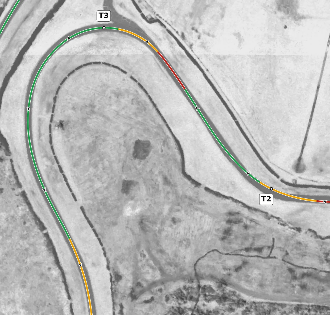 Nelson Ledges T3 race line close-up: The one big left: banked +7.1% at the apex and +5.5% across the whole 174° arc.