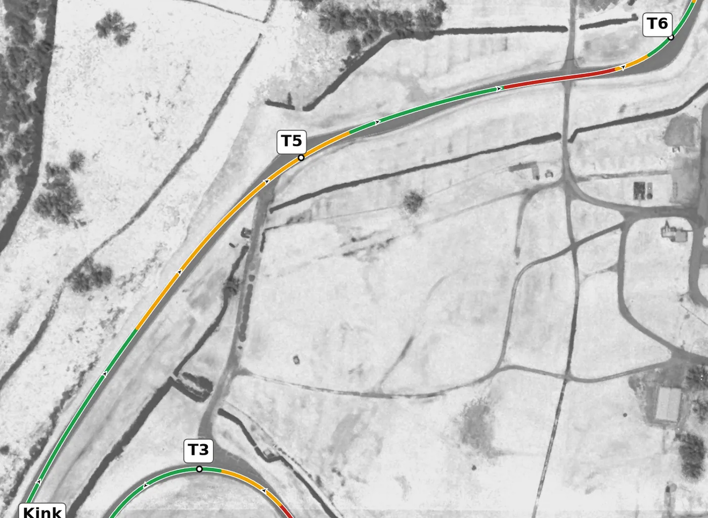 Nelson Ledges T5 race line close-up: On camber (+2.7%) and climbing on the exit.