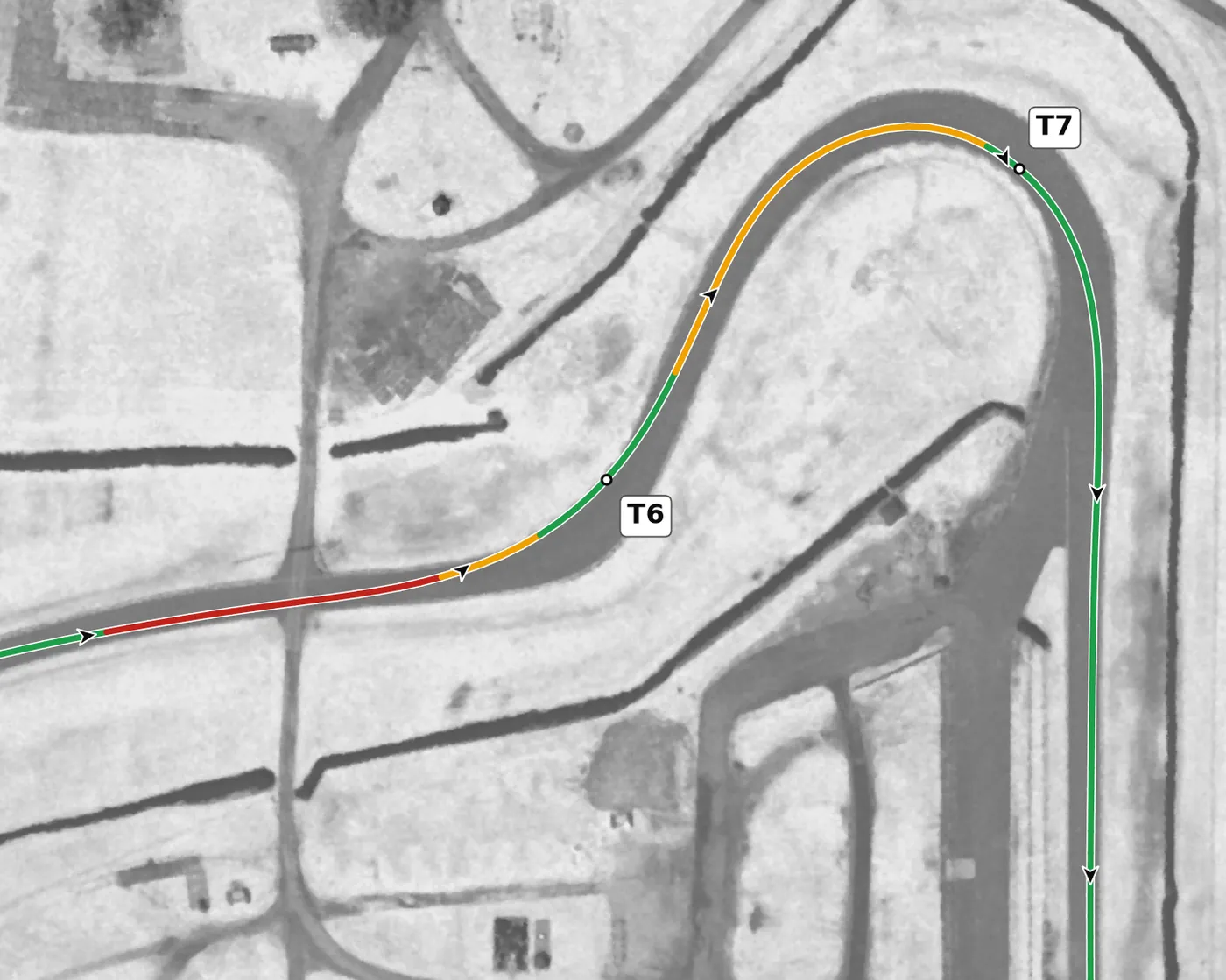 Nelson Ledges T7 race line close-up: The tightest radius (42.5 m) and the slowest point on the lap, climbing to the circuit's high point.