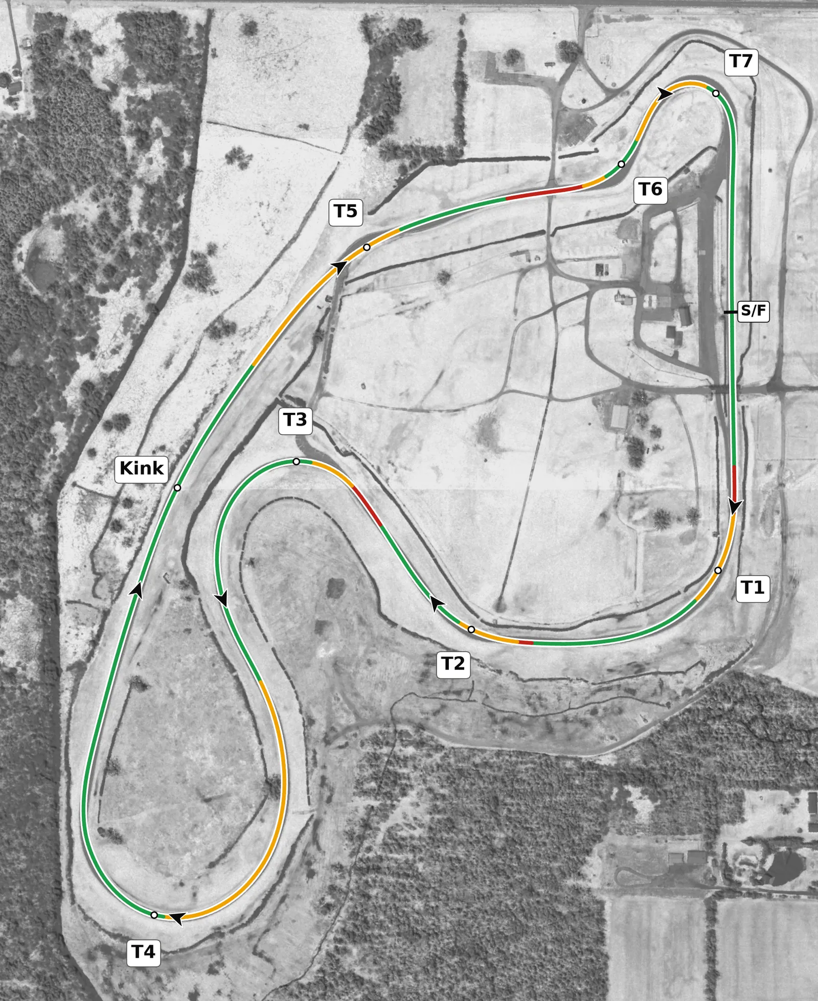 Nelson Ledges full-lap race line map, driven clockwise, colored by throttle, lift and braking