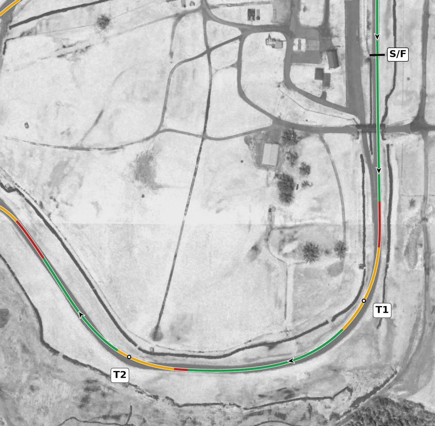 Nelson Ledges race line, Sector 1: T1 and T2