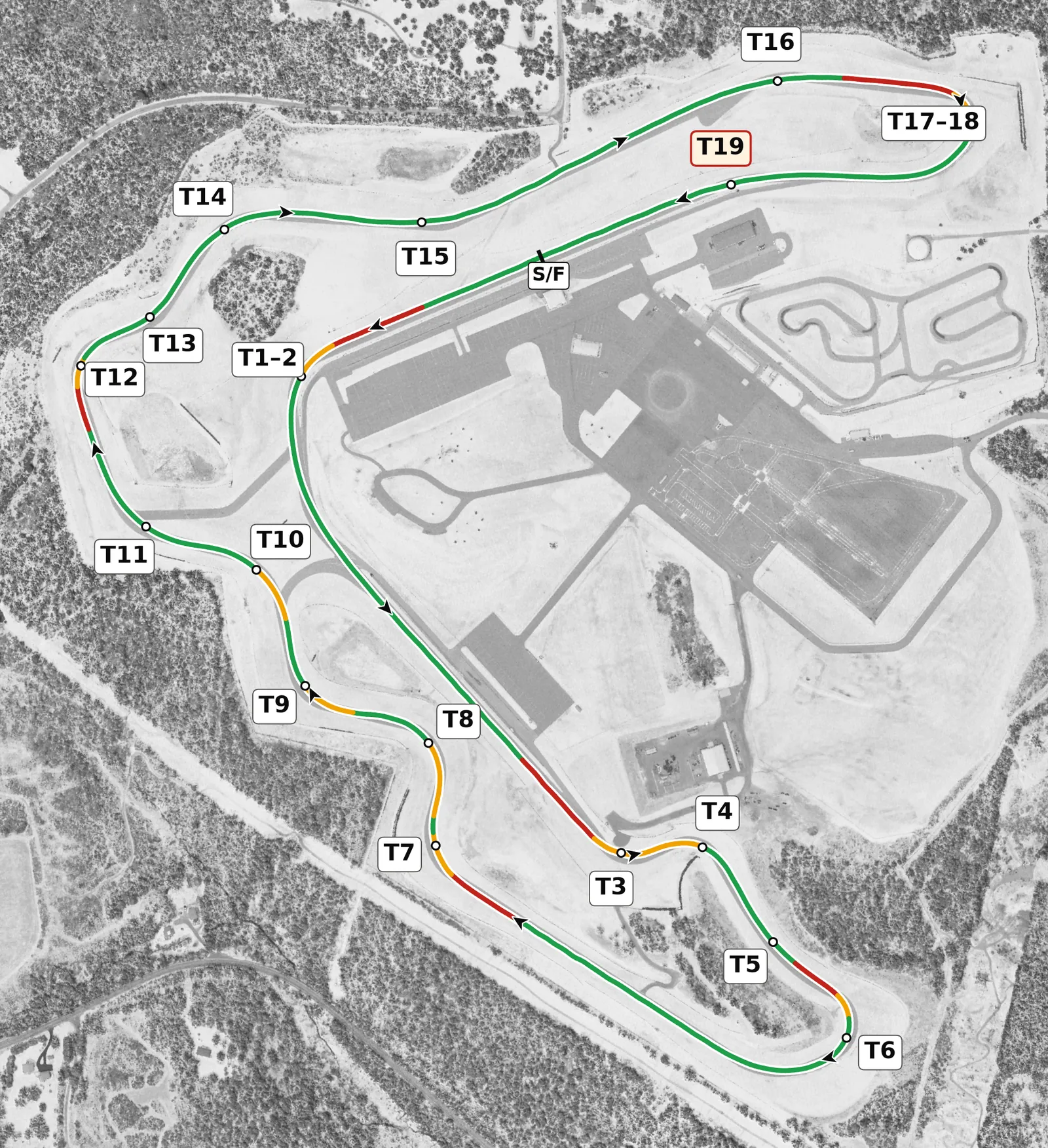 Pitt Race full-lap race line map, driven clockwise, colored by throttle, lift and braking