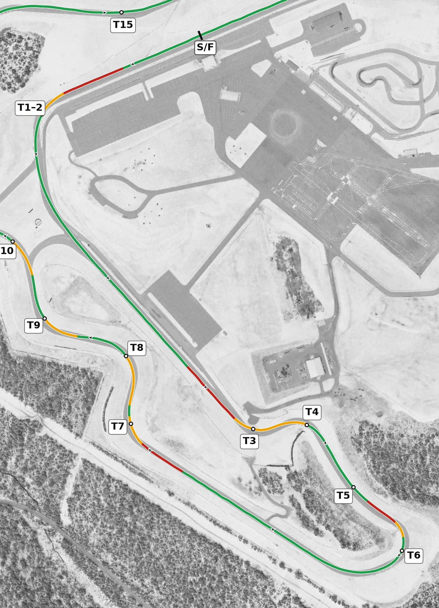 Pitt Race race line, Sector 1: T1 to T6