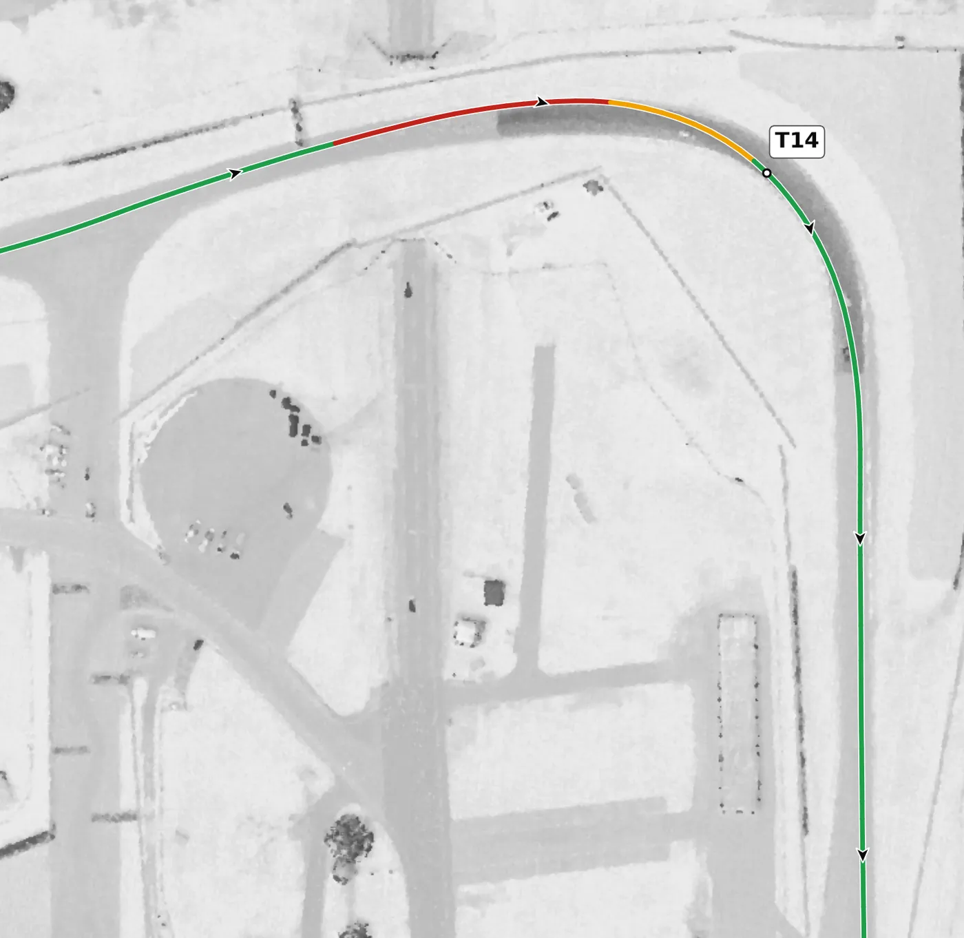 Road America T14 race line close-up: The exit runs into the steepest grade on the lap (+12.8%), with a hard compression at its base.