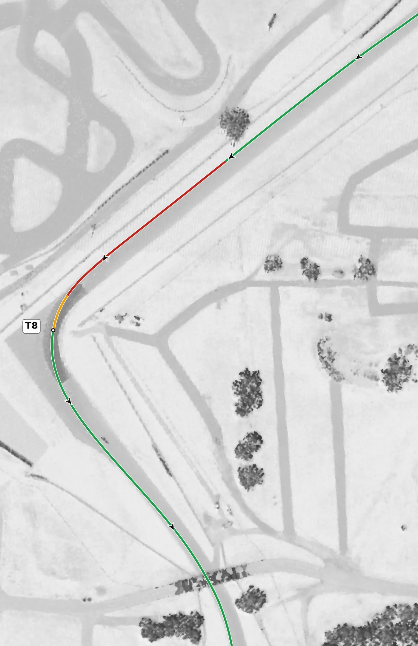 Road America T8 race line close-up: The bottom of Hurry Downs, which falls 13.7 m at −3.9% from T7.