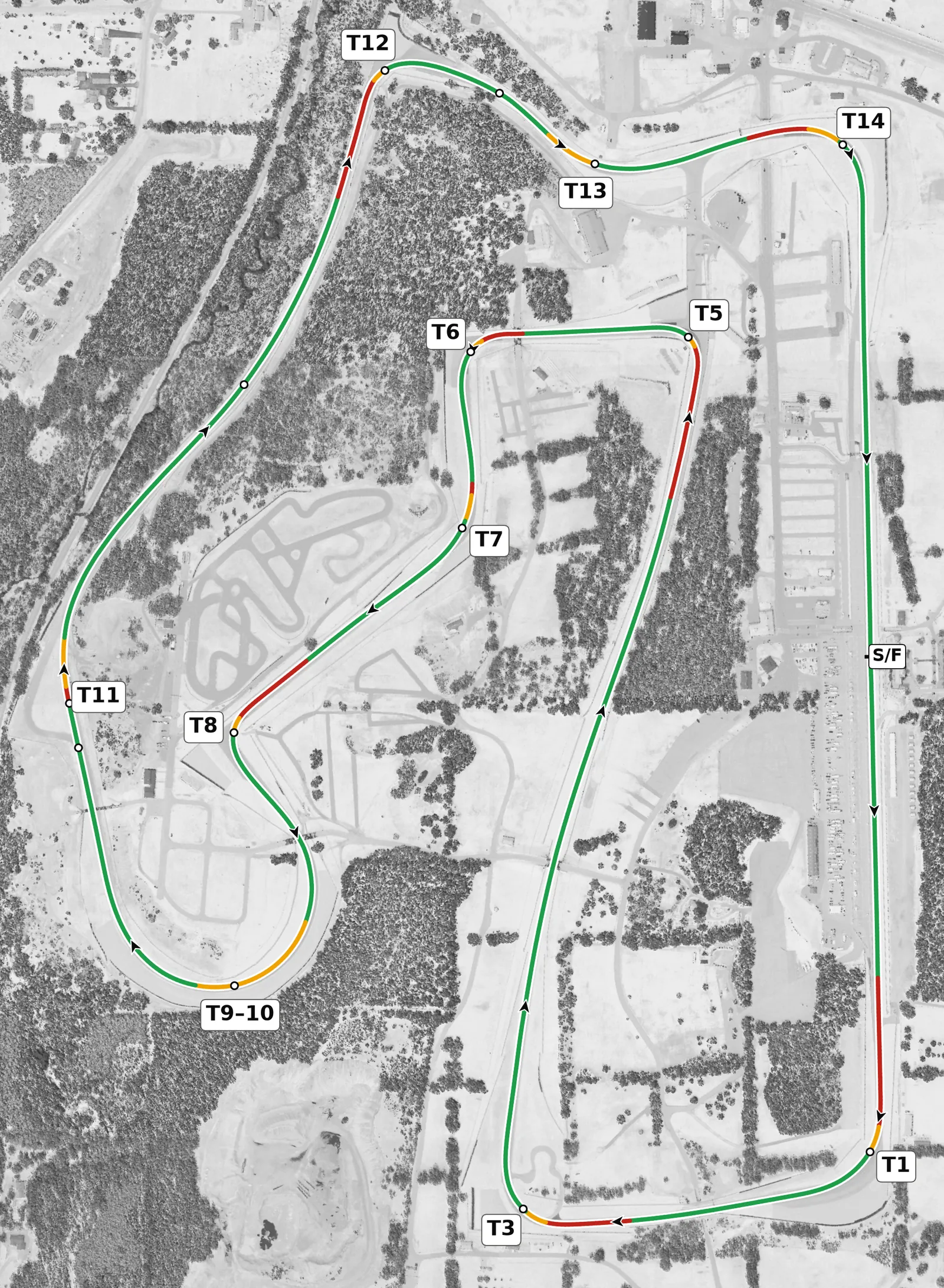 Road America full-lap race line map, driven clockwise, colored by throttle, lift and braking