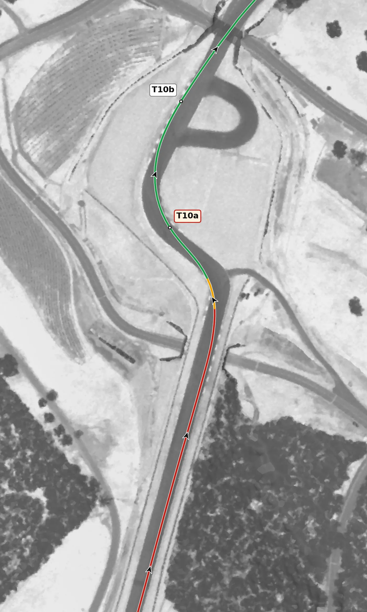 Road Atlanta T10a race line close-up: The only off-camber corner, and the longest brake zone, braking uphill at +4.5%.