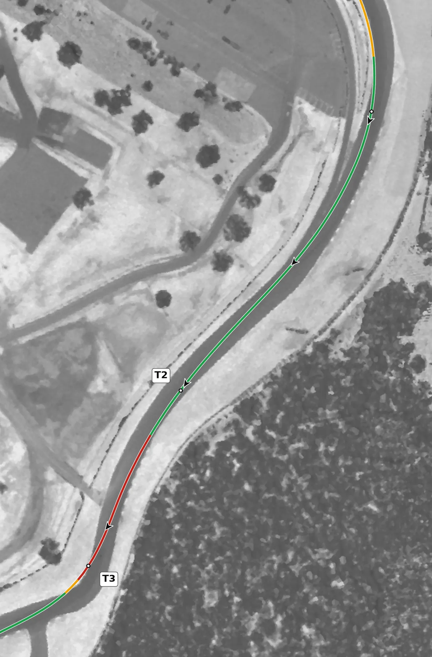 Road Atlanta T2 race line close-up: Blind, over a crest.