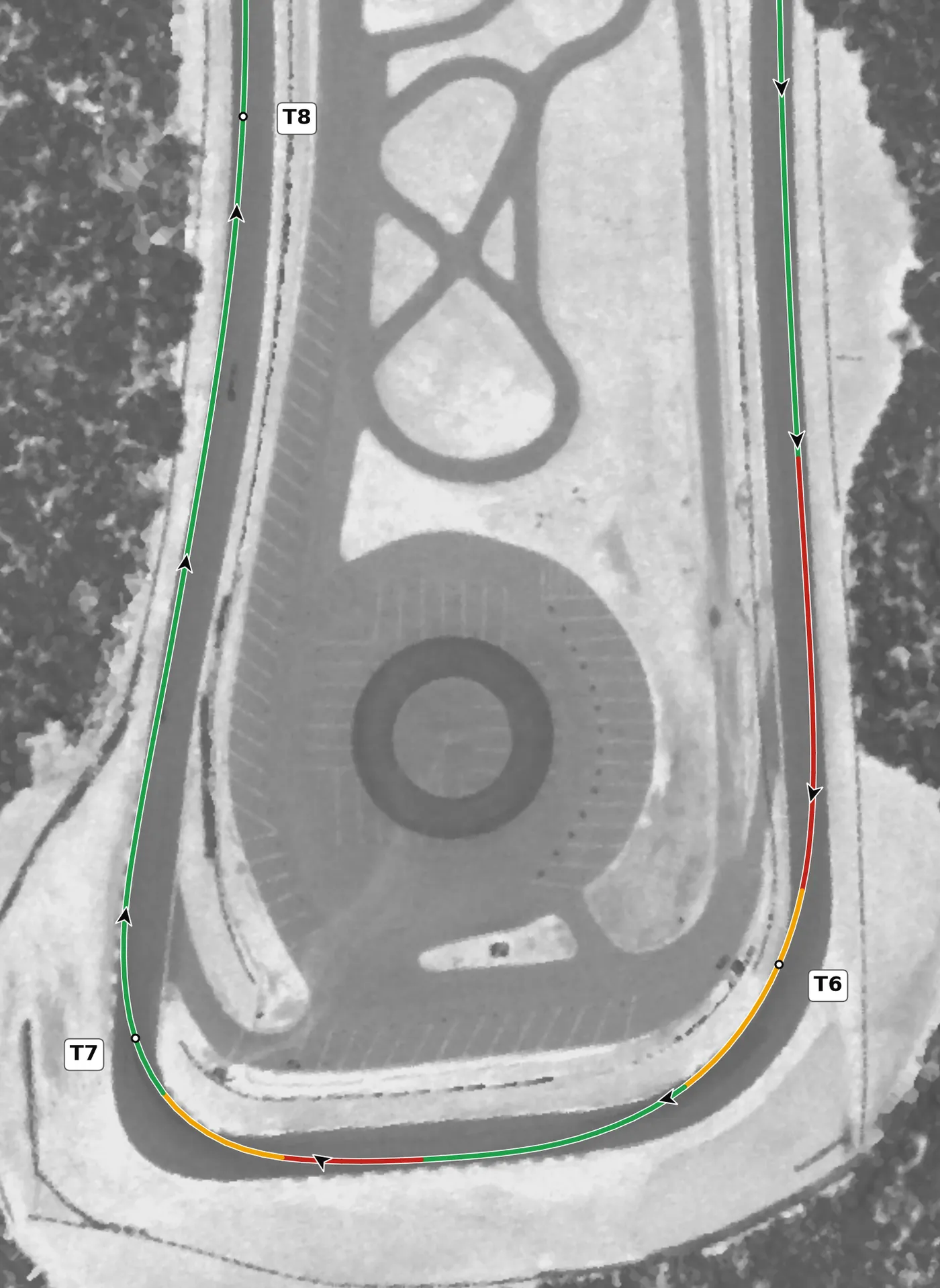Road Atlanta T6 race line close-up: The most banked corner on the lap, +8.55% at the apex.