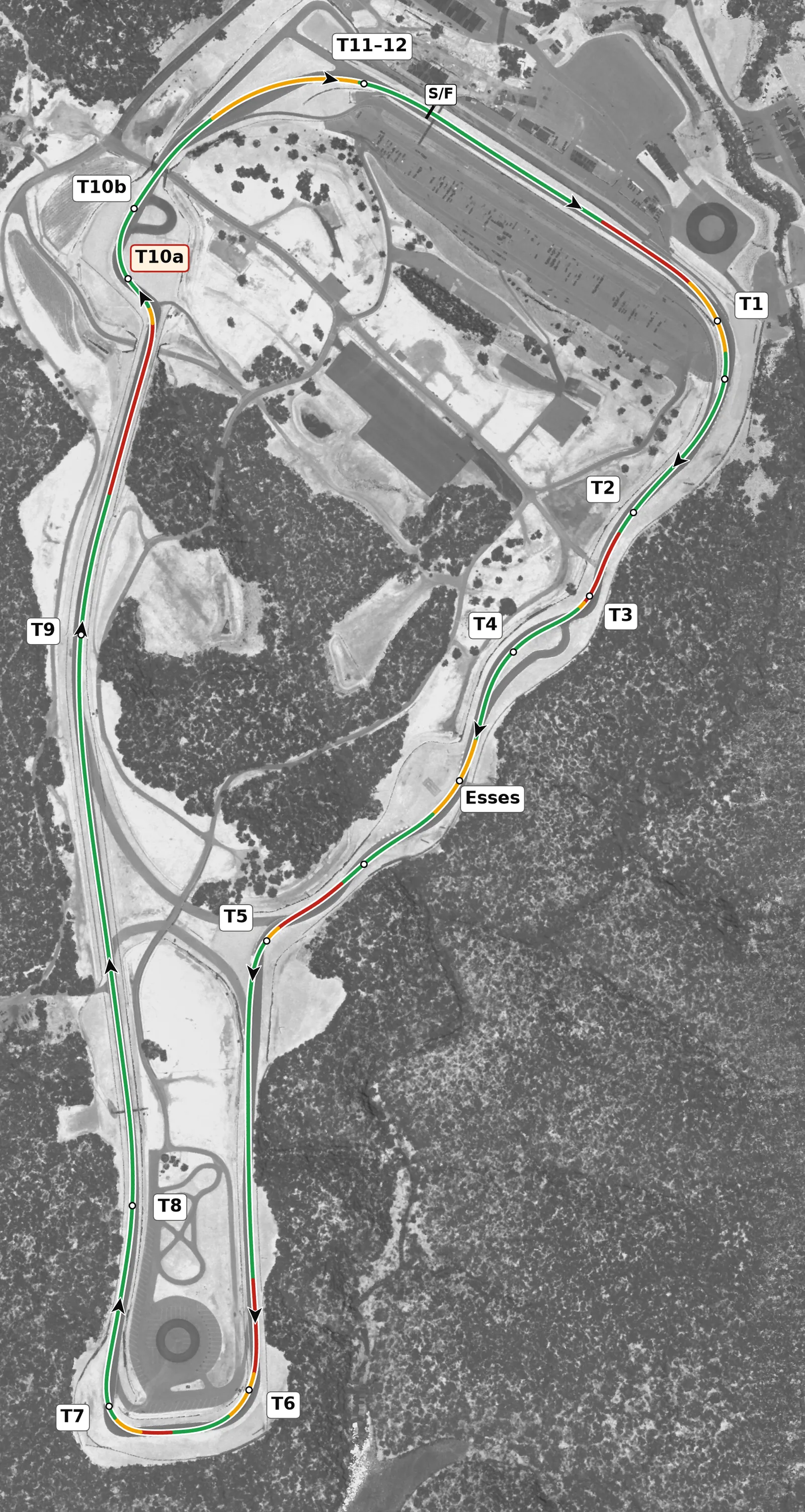 Road Atlanta full-lap race line map, driven clockwise, colored by throttle, lift and braking