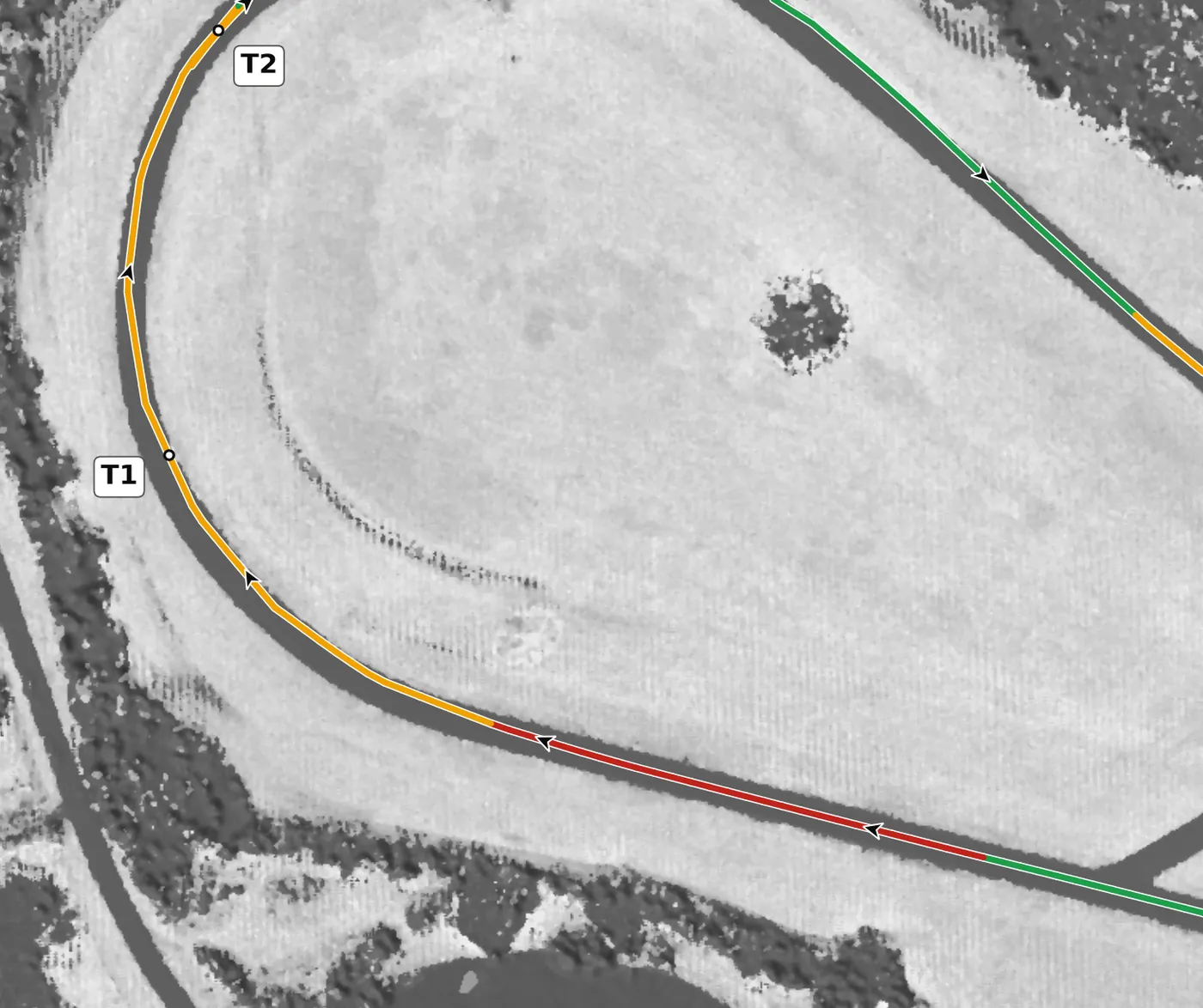 Roebling Road T1 race line close-up: T1 and T2 are one long right around the western loop.