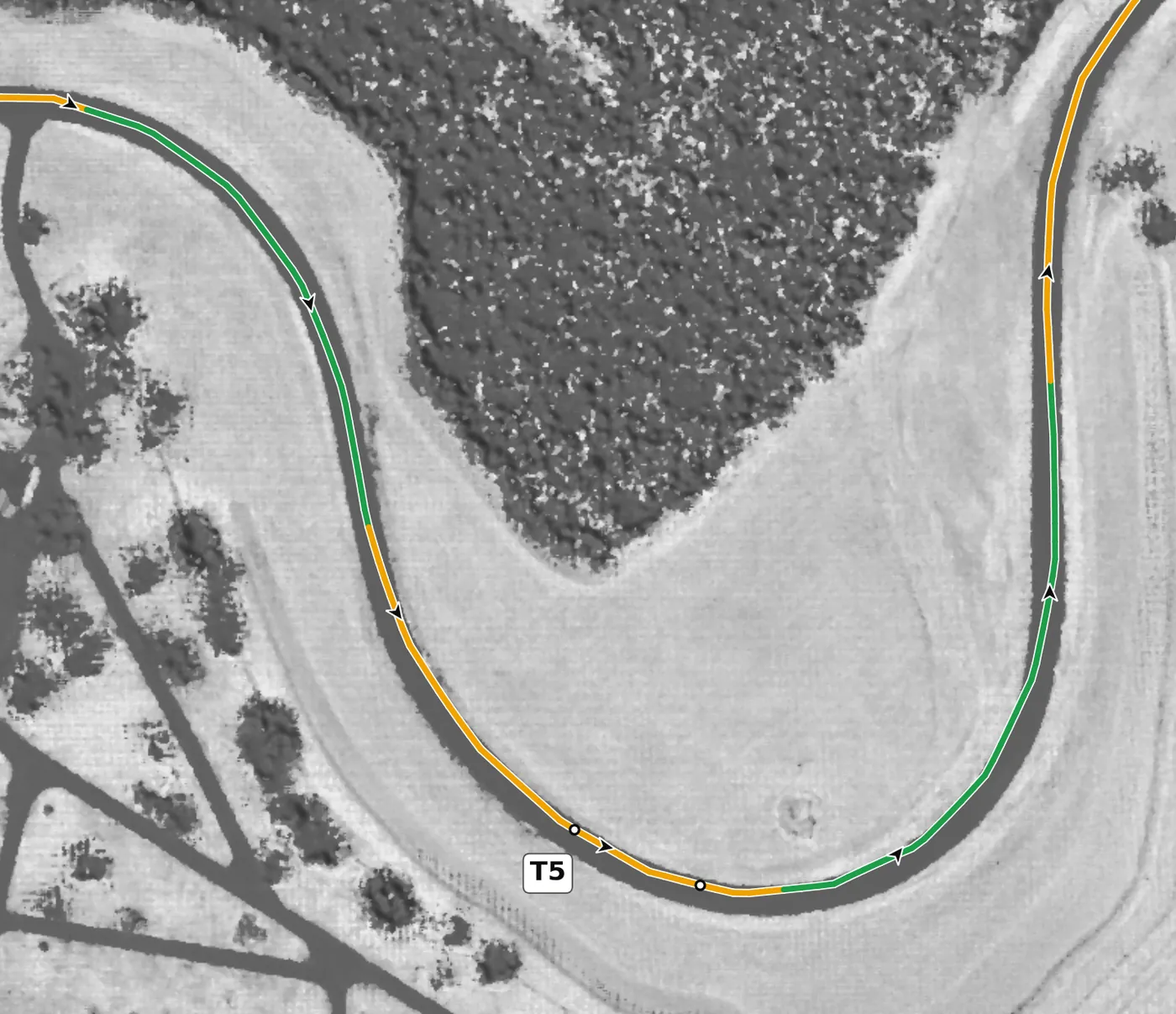 Roebling Road T5 race line close-up: One long left in two parts (5a and 5b), and the slowest corner on the lap.