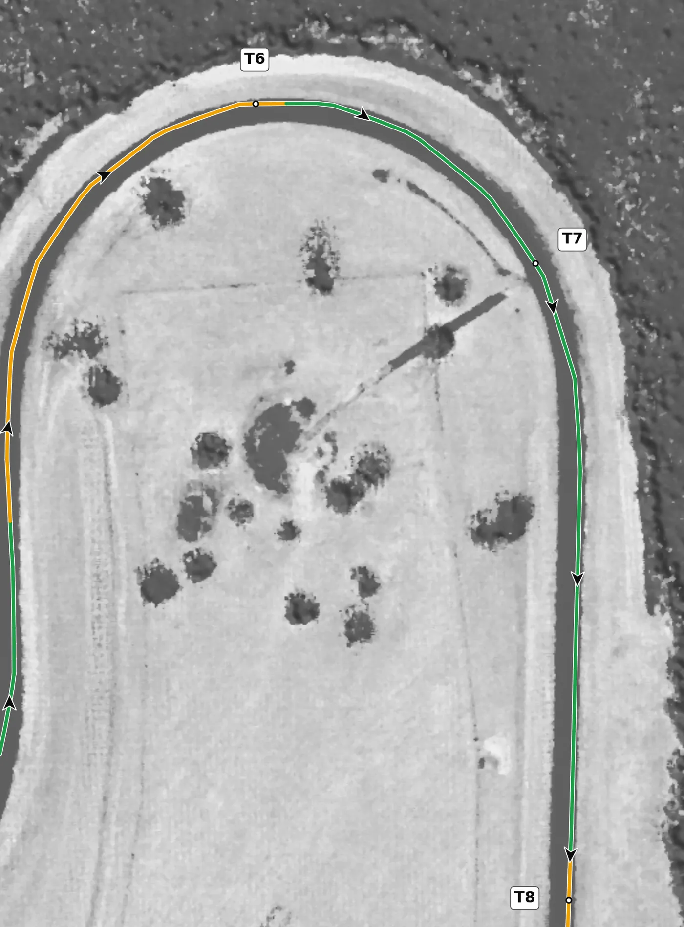 Roebling Road T7 race line close-up: The lowest point on the lap, with the climb straight after.