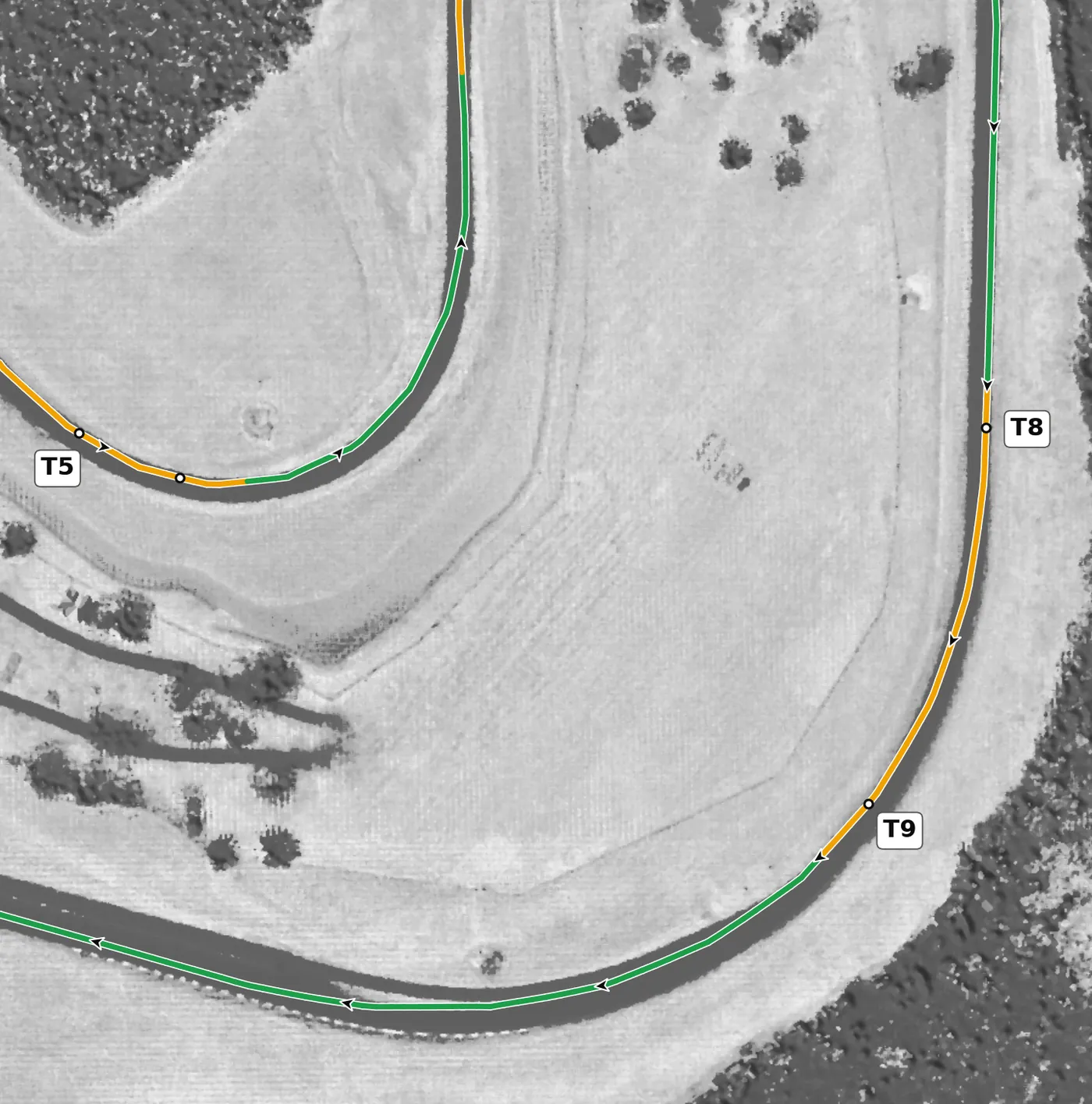 Roebling Road T9 race line close-up: Onto the front straight: the exit sets your speed all the way to T1.