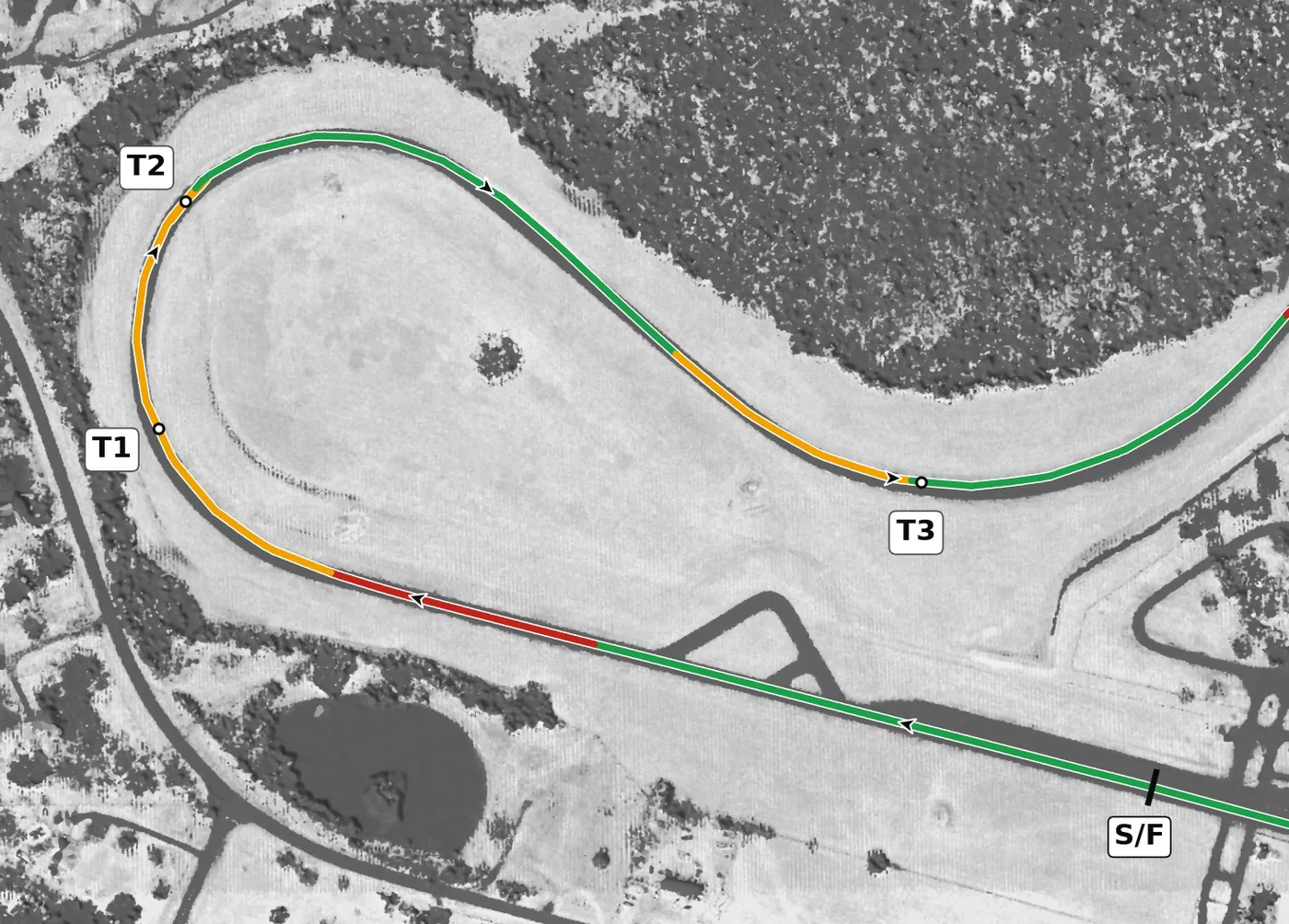 Roebling Road race line, Sector 1: T1 and T2