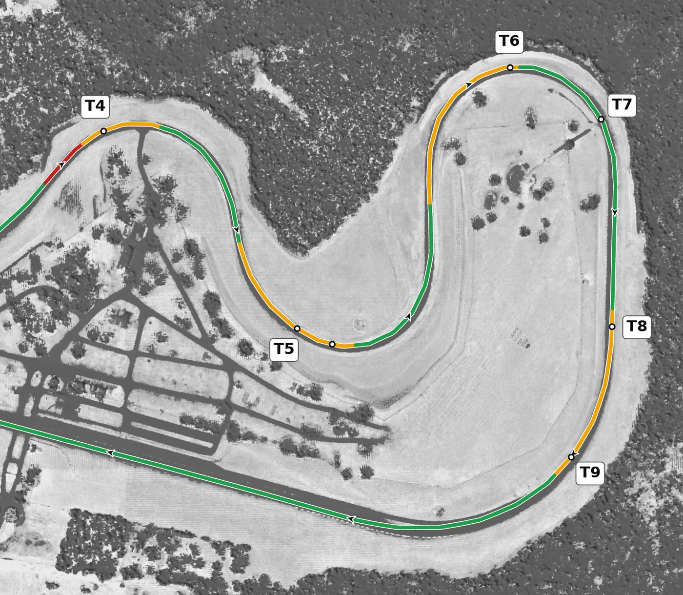Roebling Road race line, Sector 3: T6 to T9
